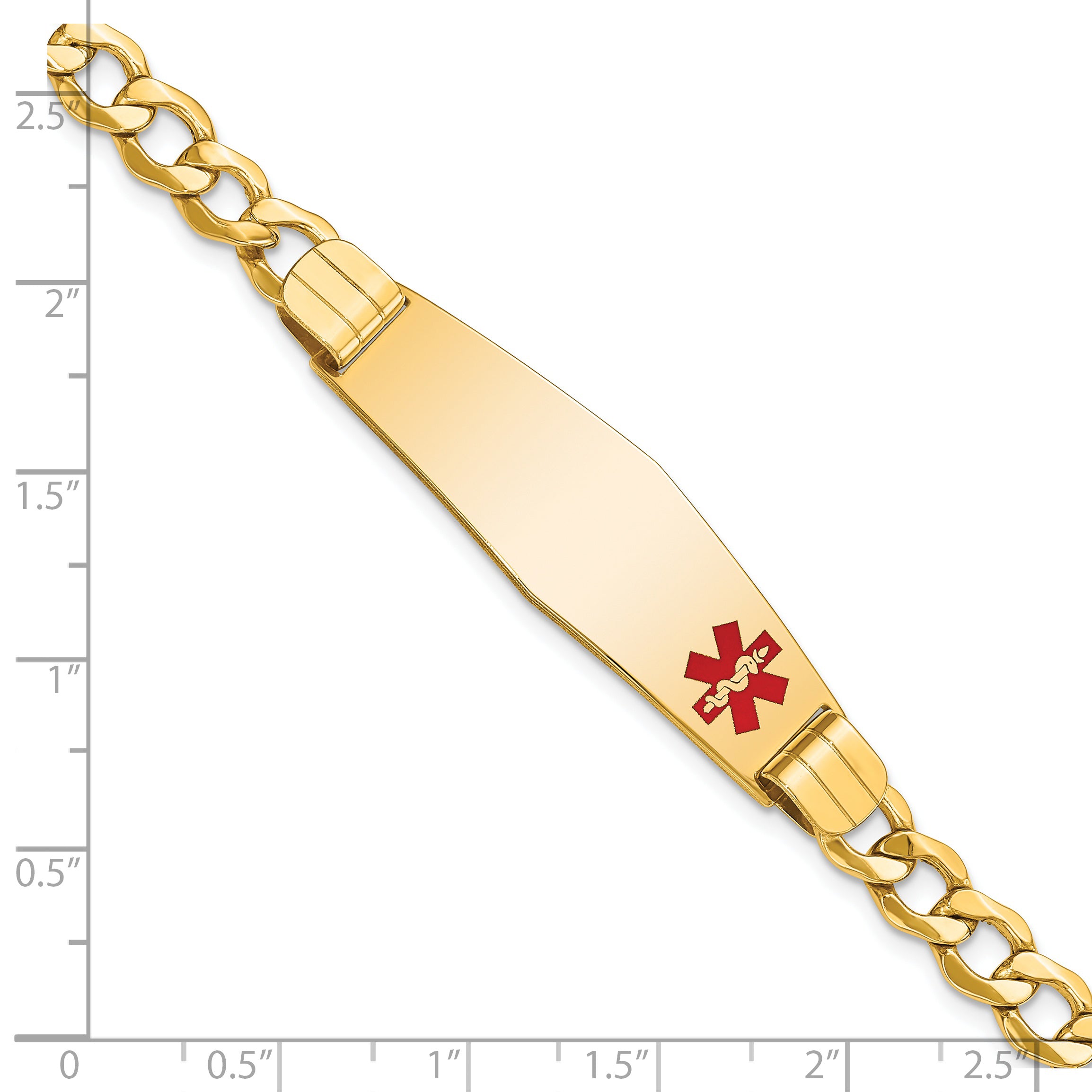 14K Medical Semi-Solid Chain/Solid Plate Soft Diamond Shape 40x12mm Off-Center Red Enamel Curb Link 8 inch ID Bracelet