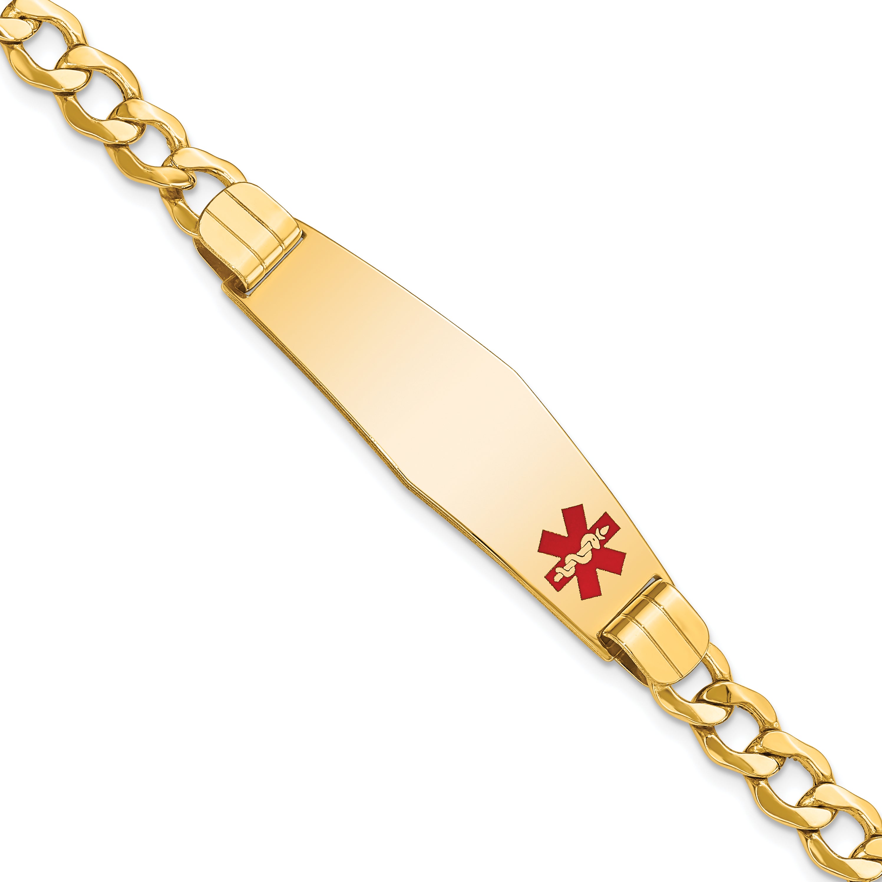 14K Medical Semi-Solid Chain/Solid Plate Soft Diamond Shape 40x12mm Off-Center Red Enamel Curb Link 8 inch ID Bracelet
