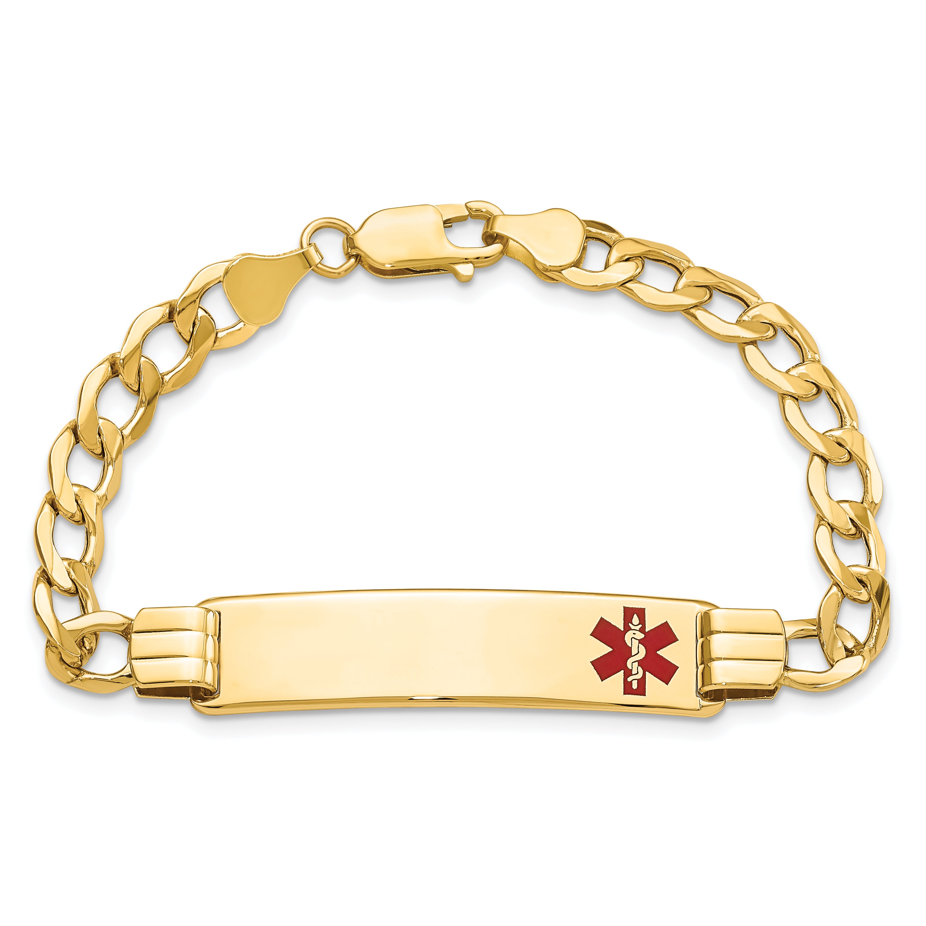 14K Medical Semi-solid Chain/Solid Plate 40x10mm Off-Center Red Enamel Curb Link 8 inch ID Bracelet