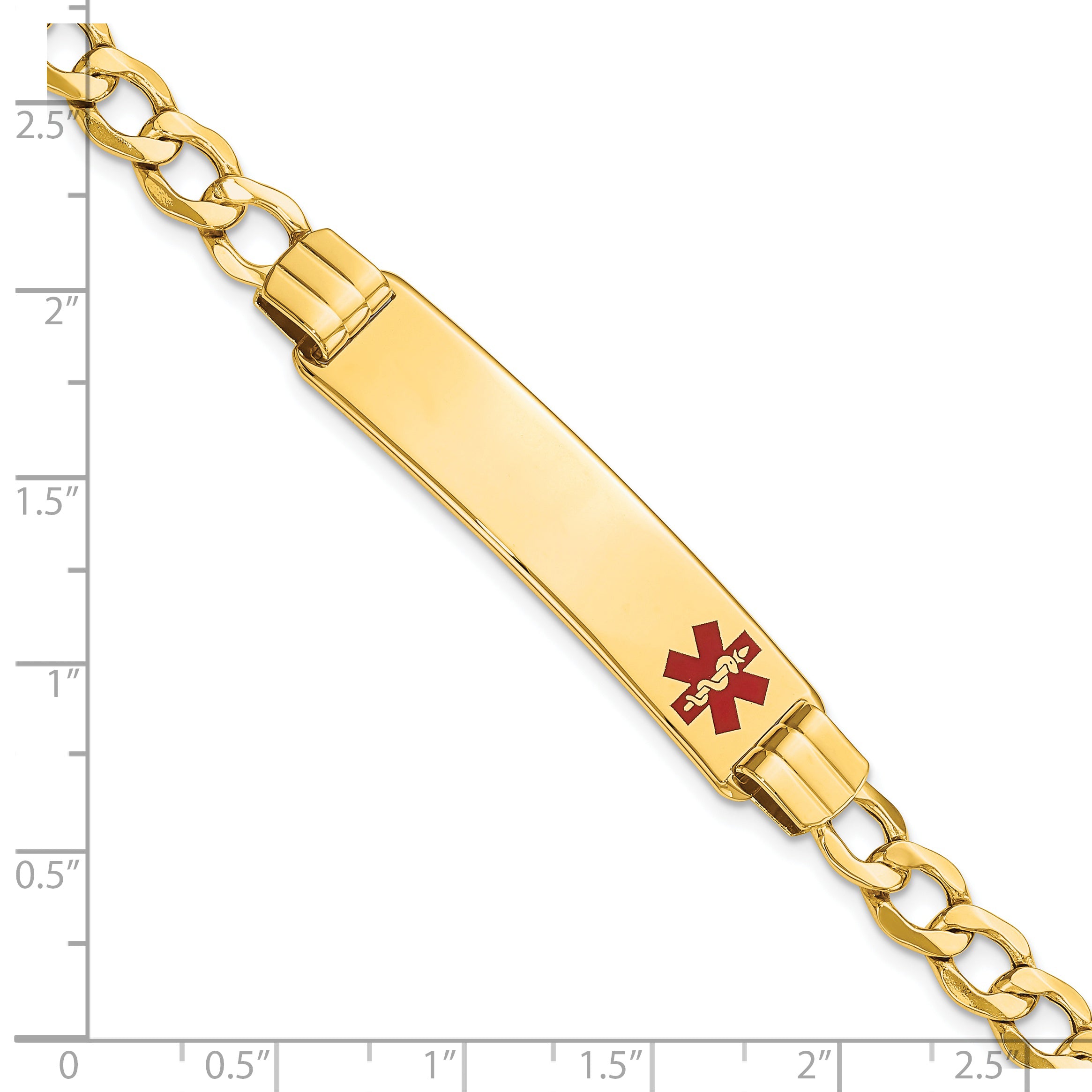 14K Medical Semi-solid Chain/Solid Plate 40x10mm Off-Center Red Enamel Curb Link 8 inch ID Bracelet