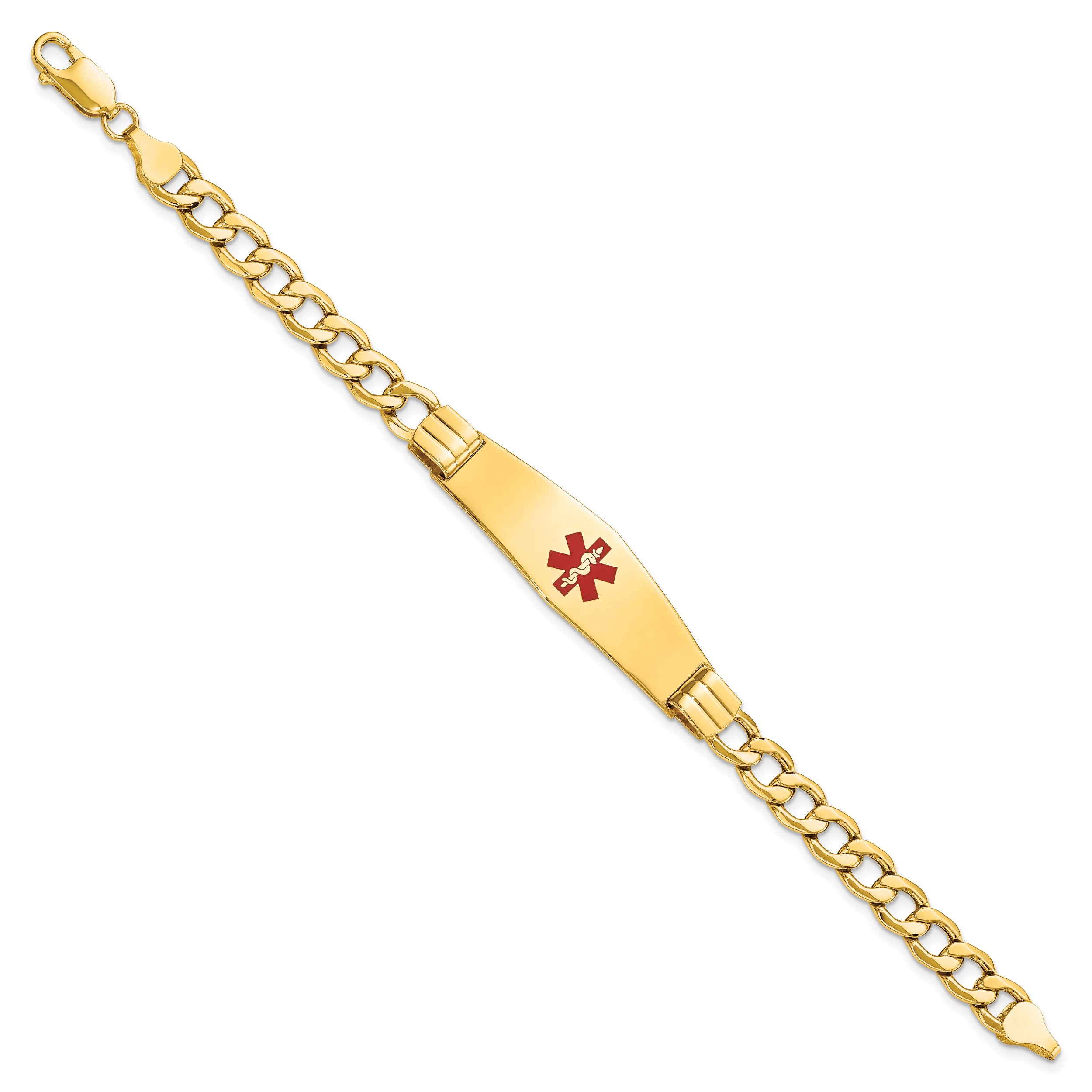 14K Semi-Solid Medical Soft Diamond Shape Red Enamel Curb Link Id Bracelet