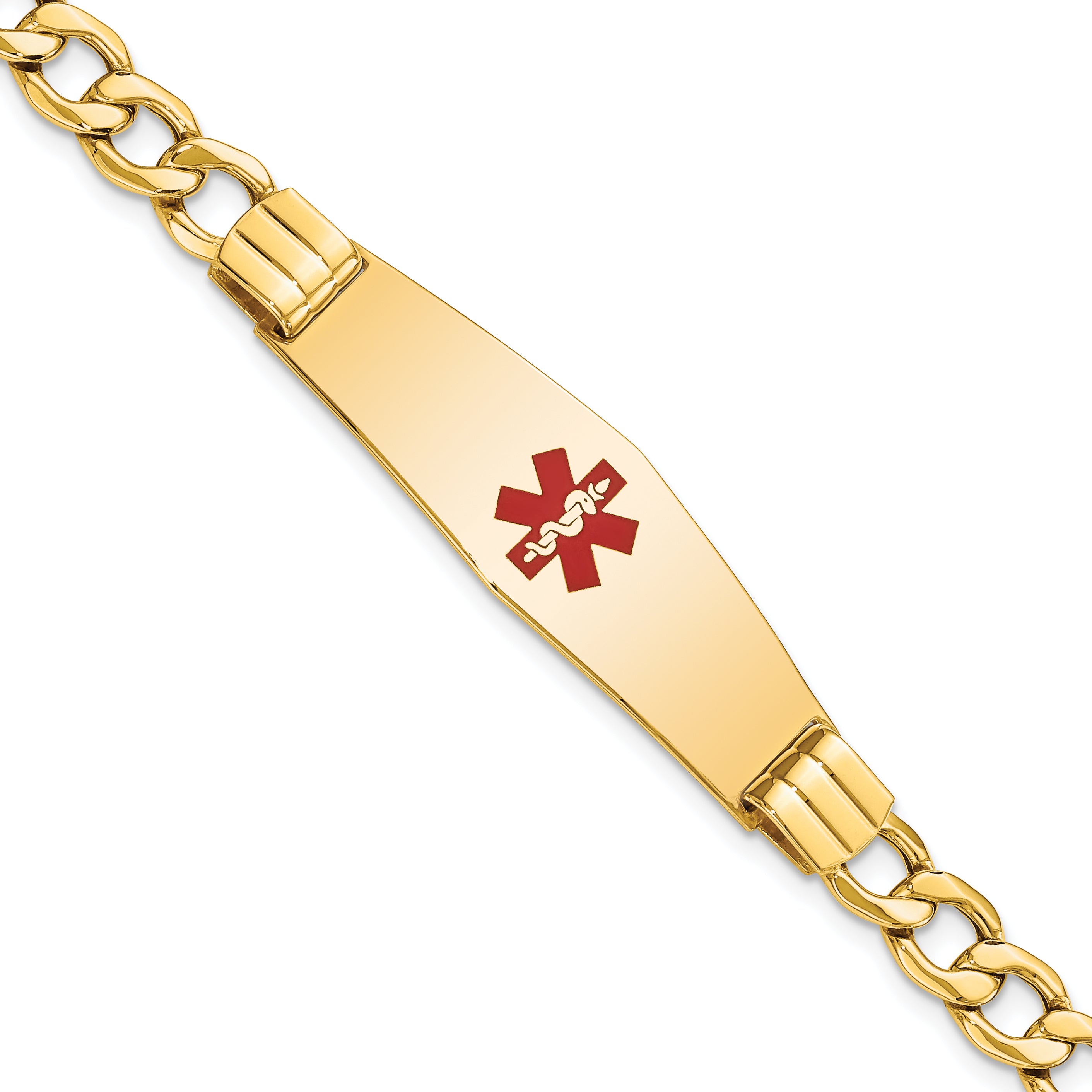 14K Semi-Solid Medical Soft Diamond Shape Red Enamel Curb Link Id Bracelet