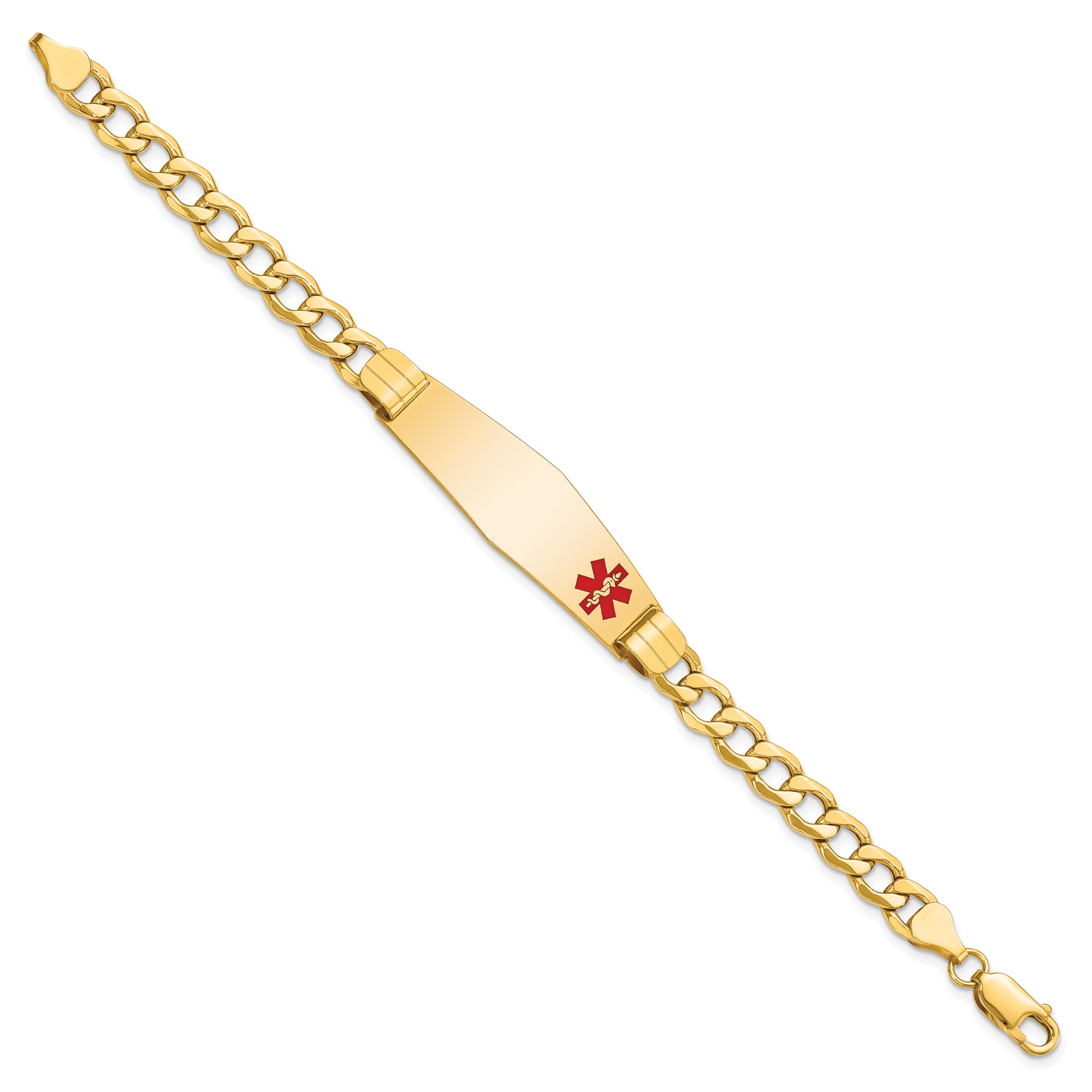 14K Semi-Solid Medical Soft Diamond Shape Red Enamel Curb Link Id Bracelet