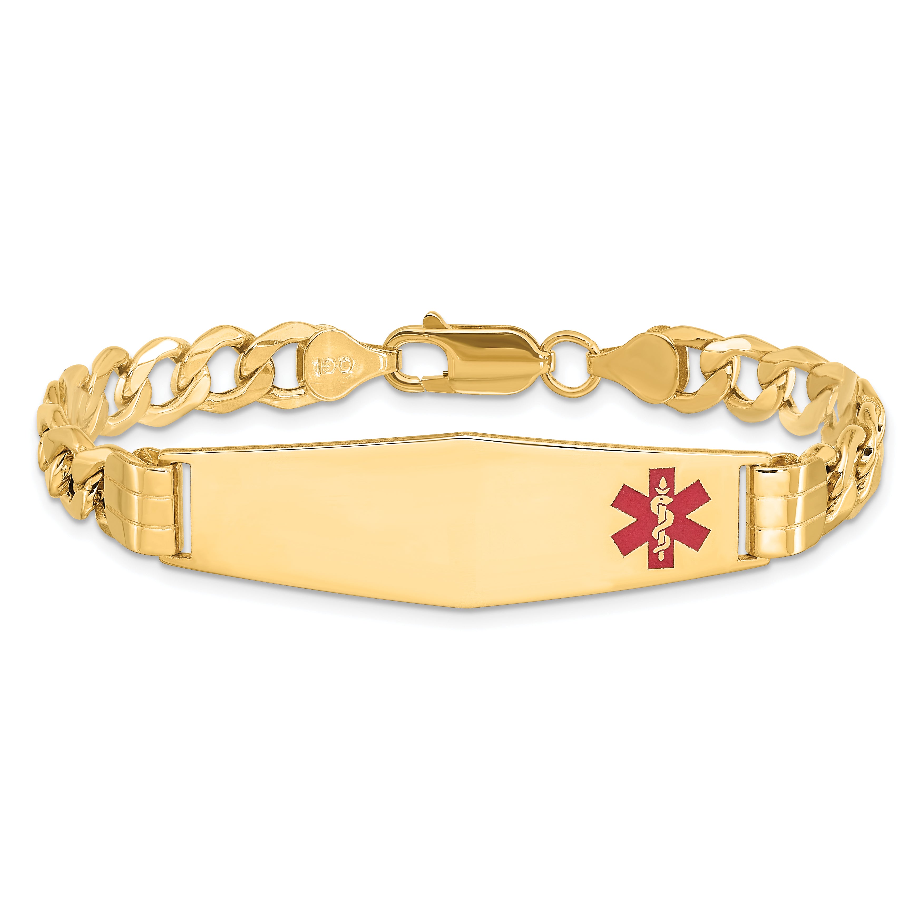 14K Semi-Solid Medical Soft Diamond Shape Red Enamel Curb Link Id Bracelet