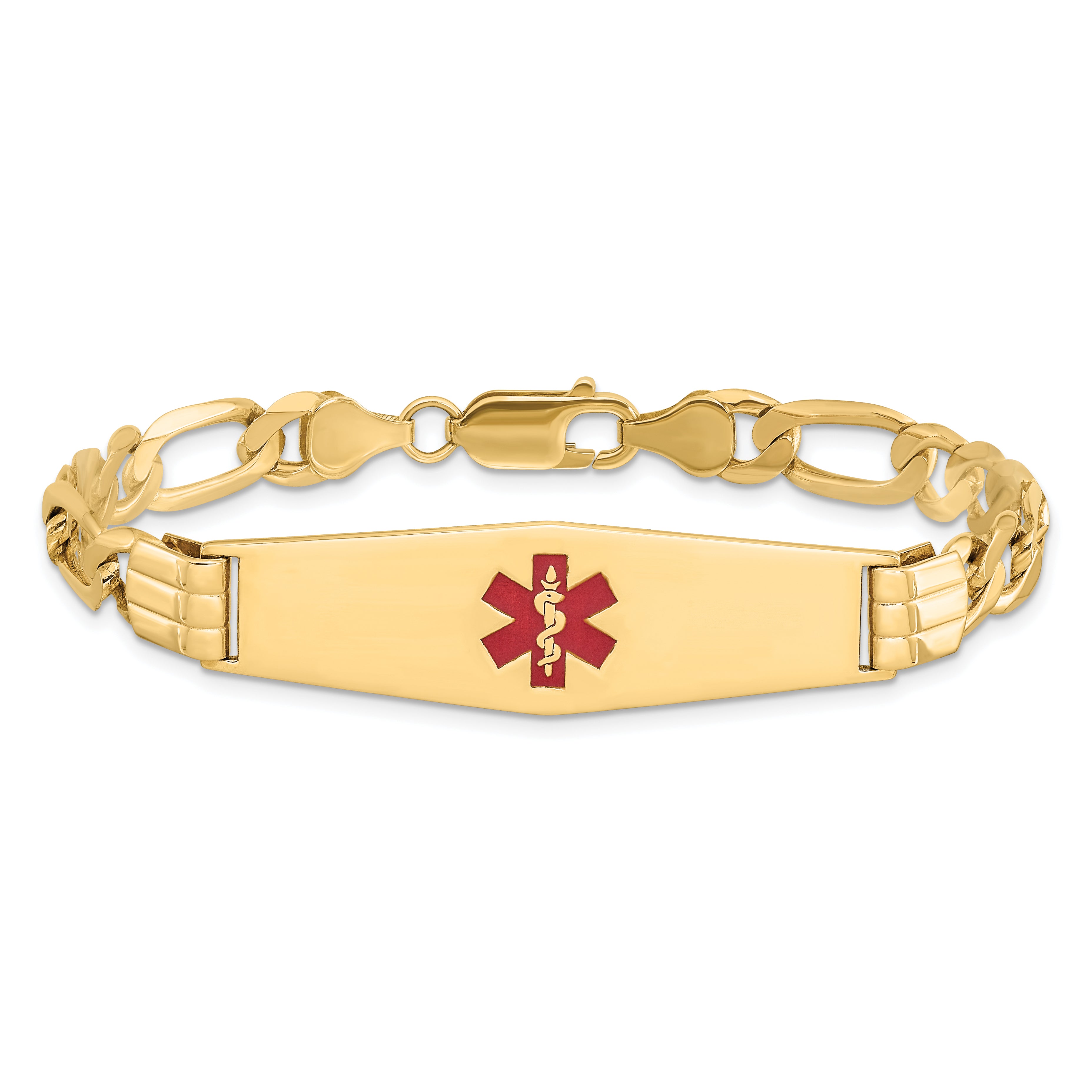 14K Medical Solid Chain/Solid Plate Soft Diamond Shape 40x12mm Centered Red Enamel Flat Figaro Link 7 inch ID Bracelet