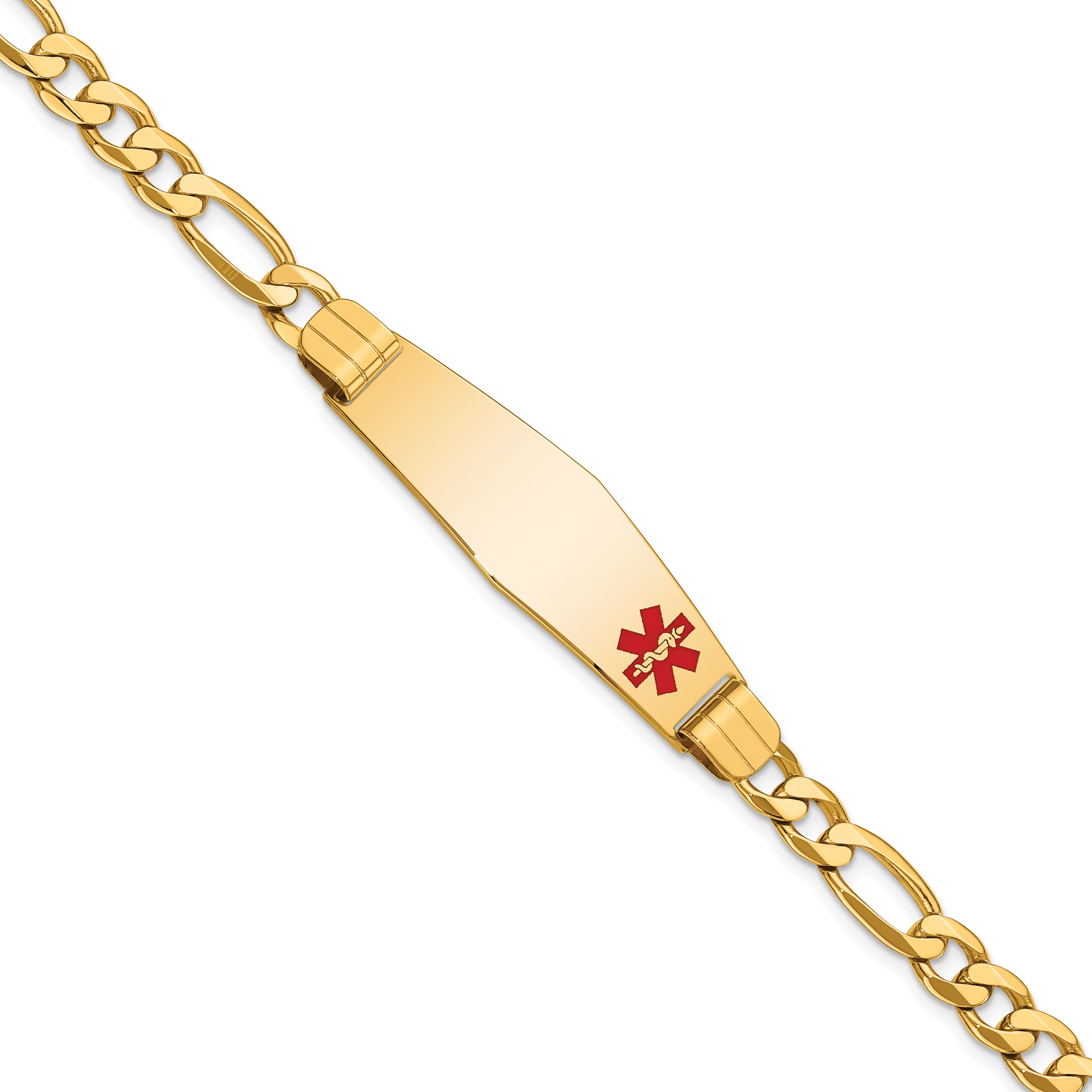 14K Medical Soft Diamond Shape Red Enamel Flat Figaro Link Id Bracelet