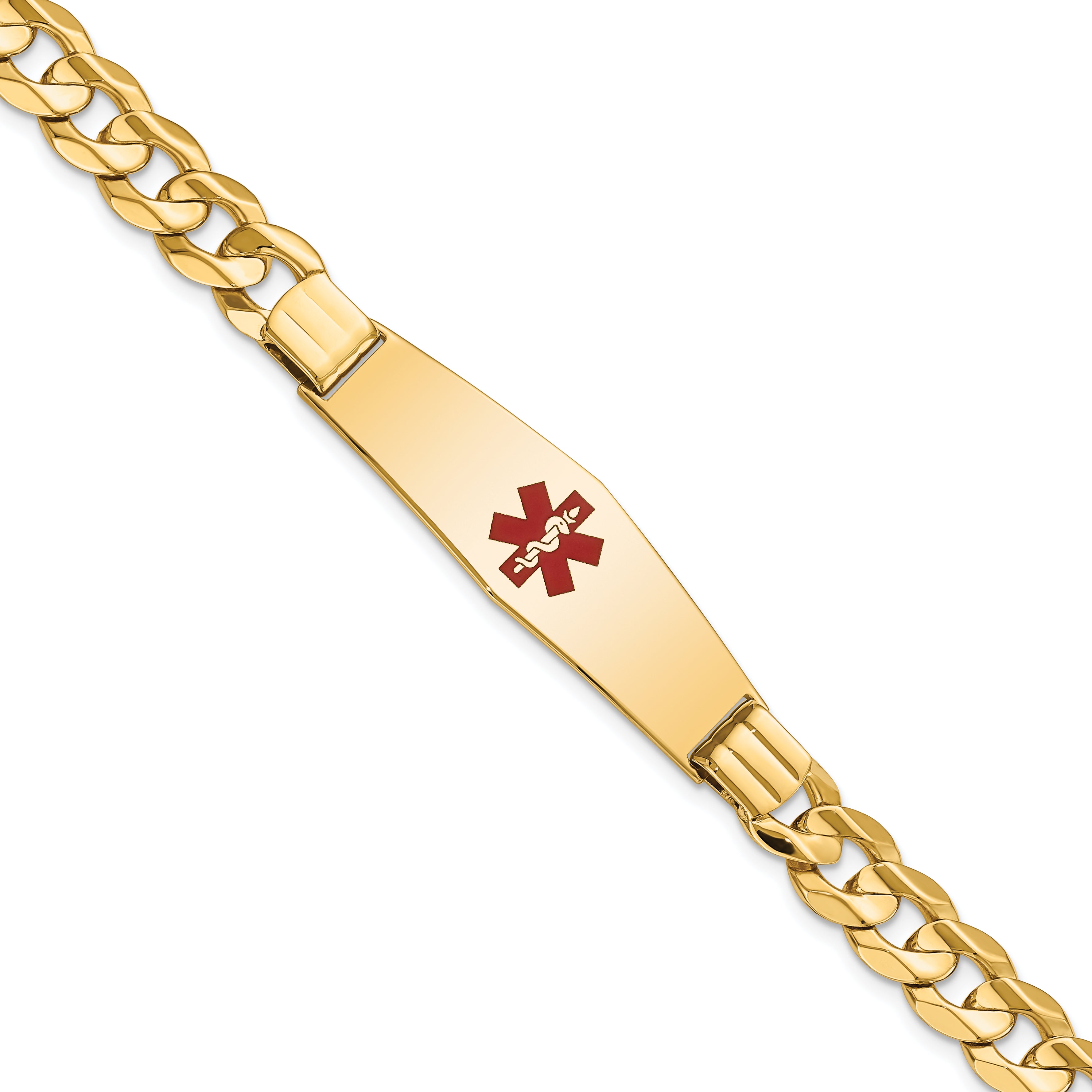 14K Medical Solid Chain/Solid Plate Soft Diamond Shape 40x12mm Centered Red Enamel Curb Link 8 inch ID Bracelet