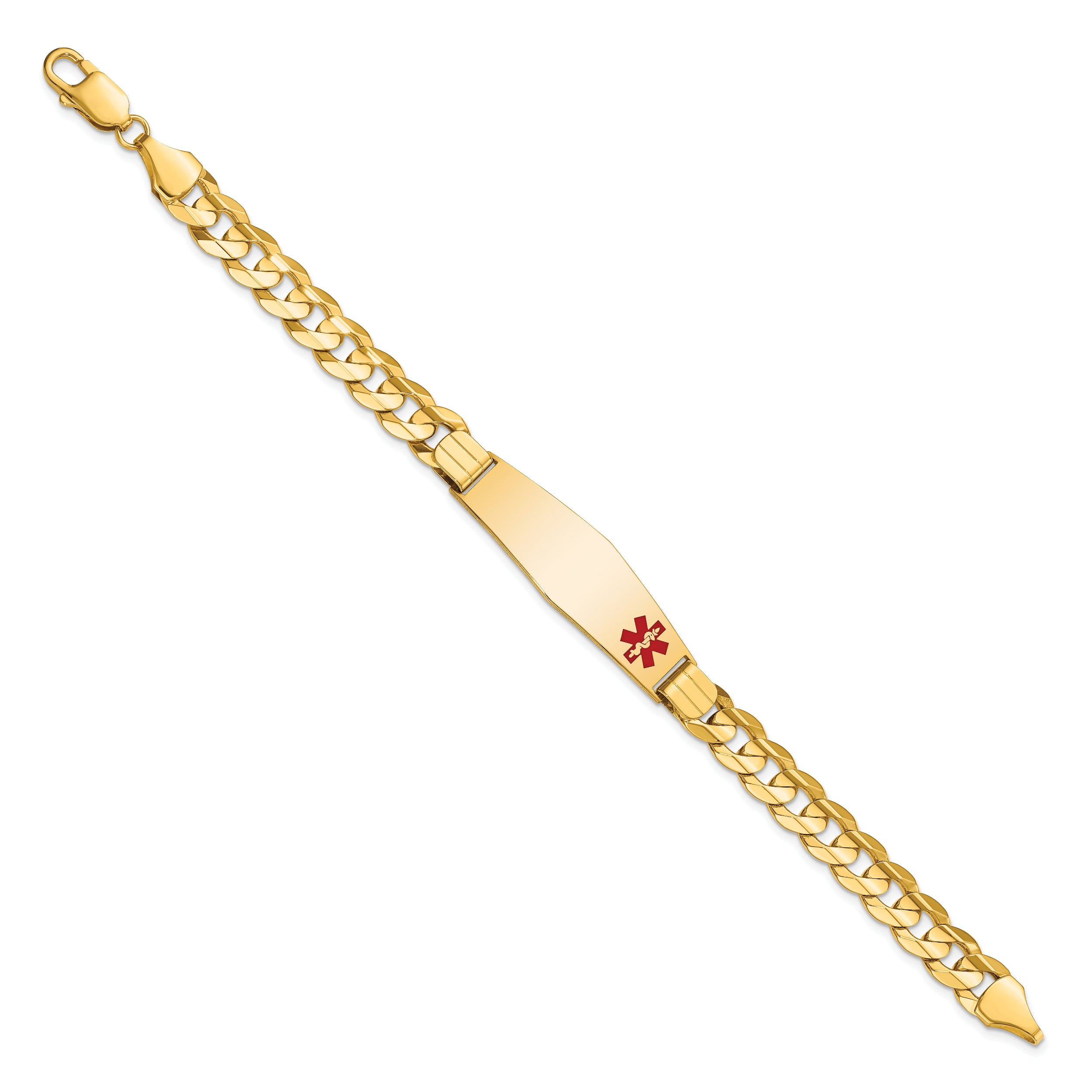 14K Medical Solid Chain/Solid Plate Soft Diamond Shape 39x12mm Off-Center Red Enamel Curb Link 8 inch ID Bracelet