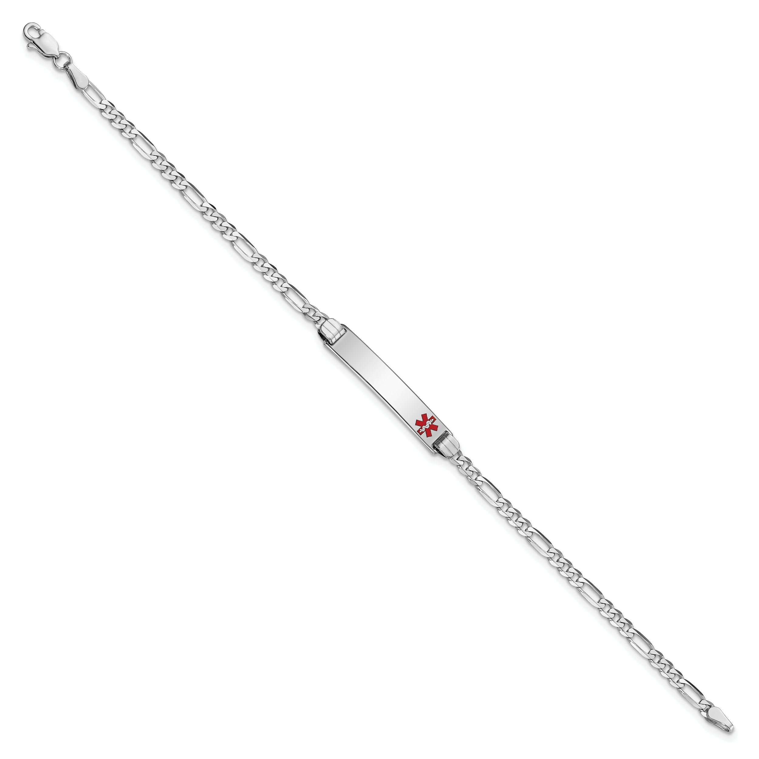 14K White Gold Medical Red Enamel Figaro Link Id Bracelet