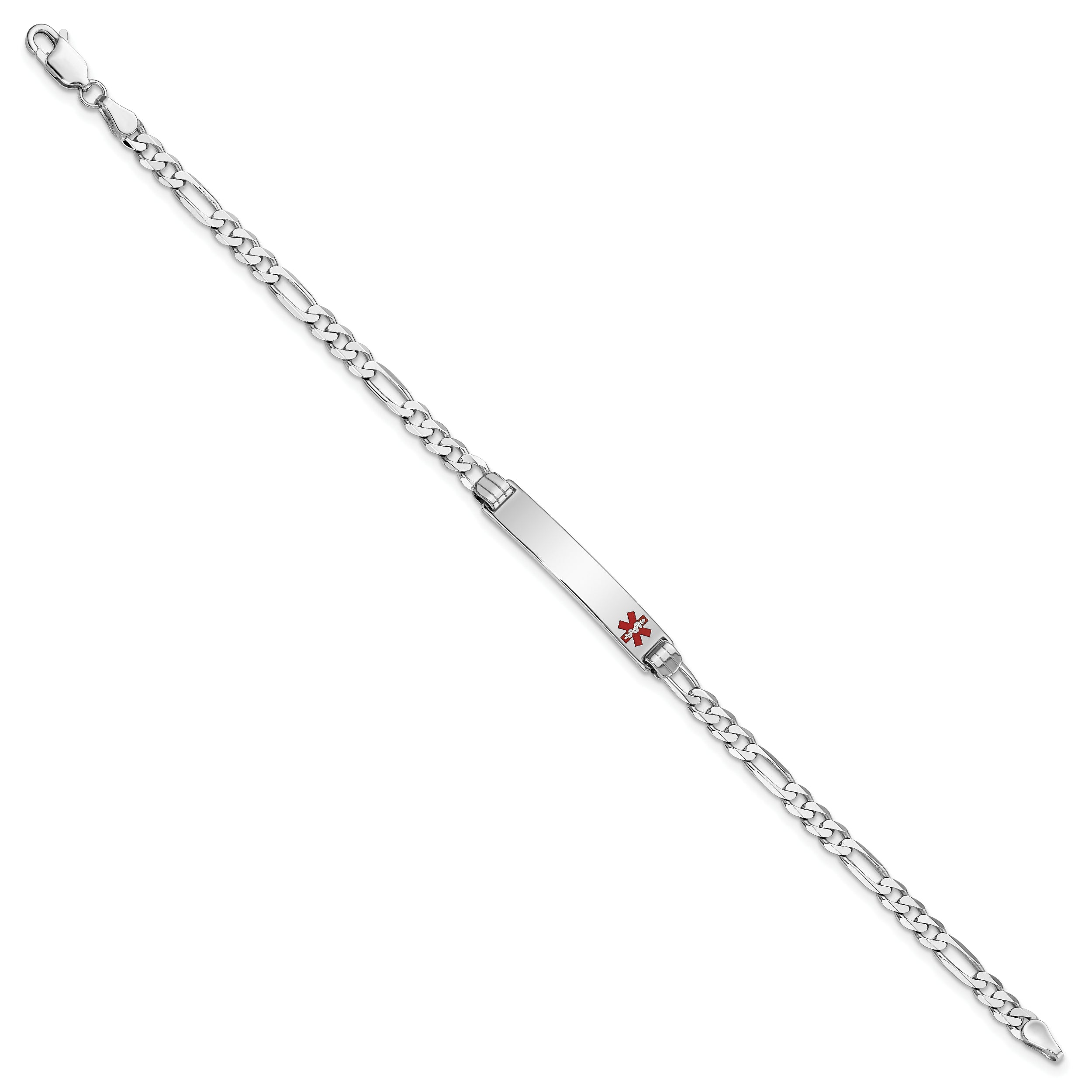 14K White Gold Medical Solid Chain/Solid Plate 26x5mm Off-Center Red Enamel Figaro Link 8 inch ID Bracelet