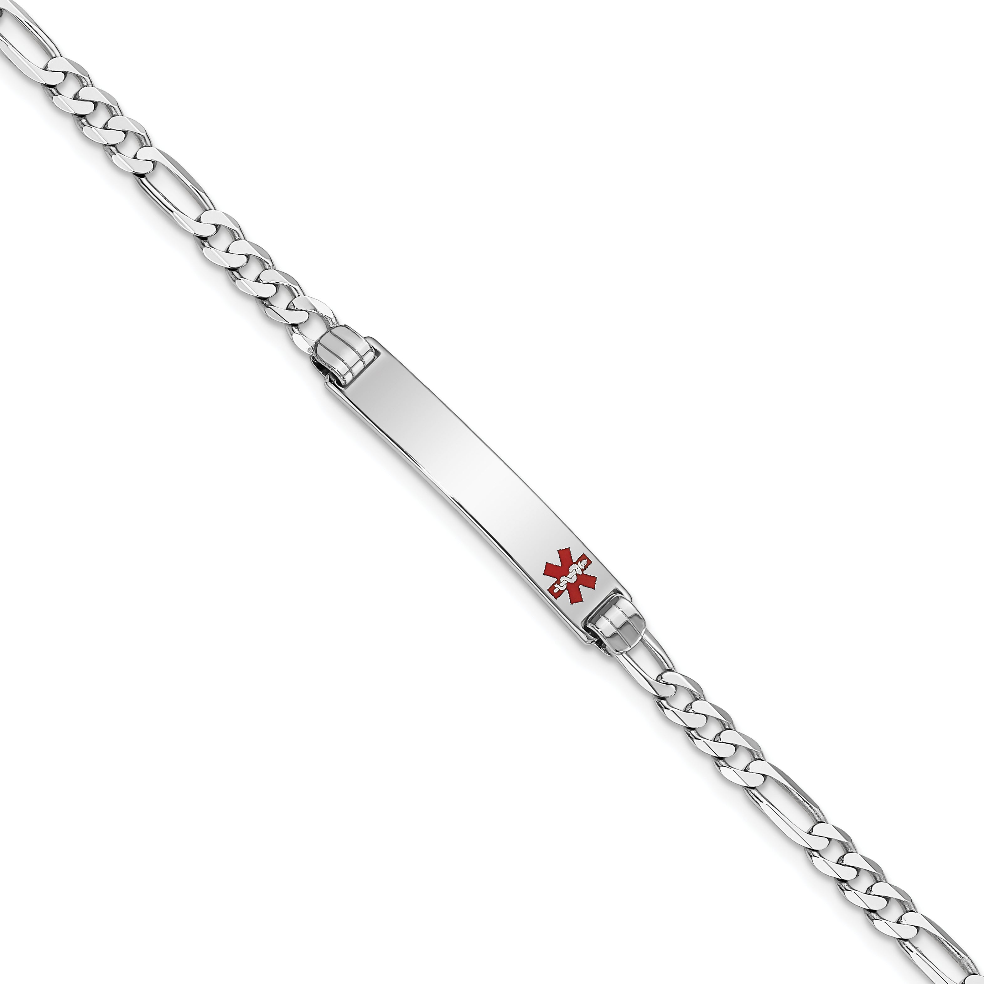 14K White Gold Medical Solid Chain/Solid Plate 26x5mm Off-Center Red Enamel Figaro Link 8 inch ID Bracelet