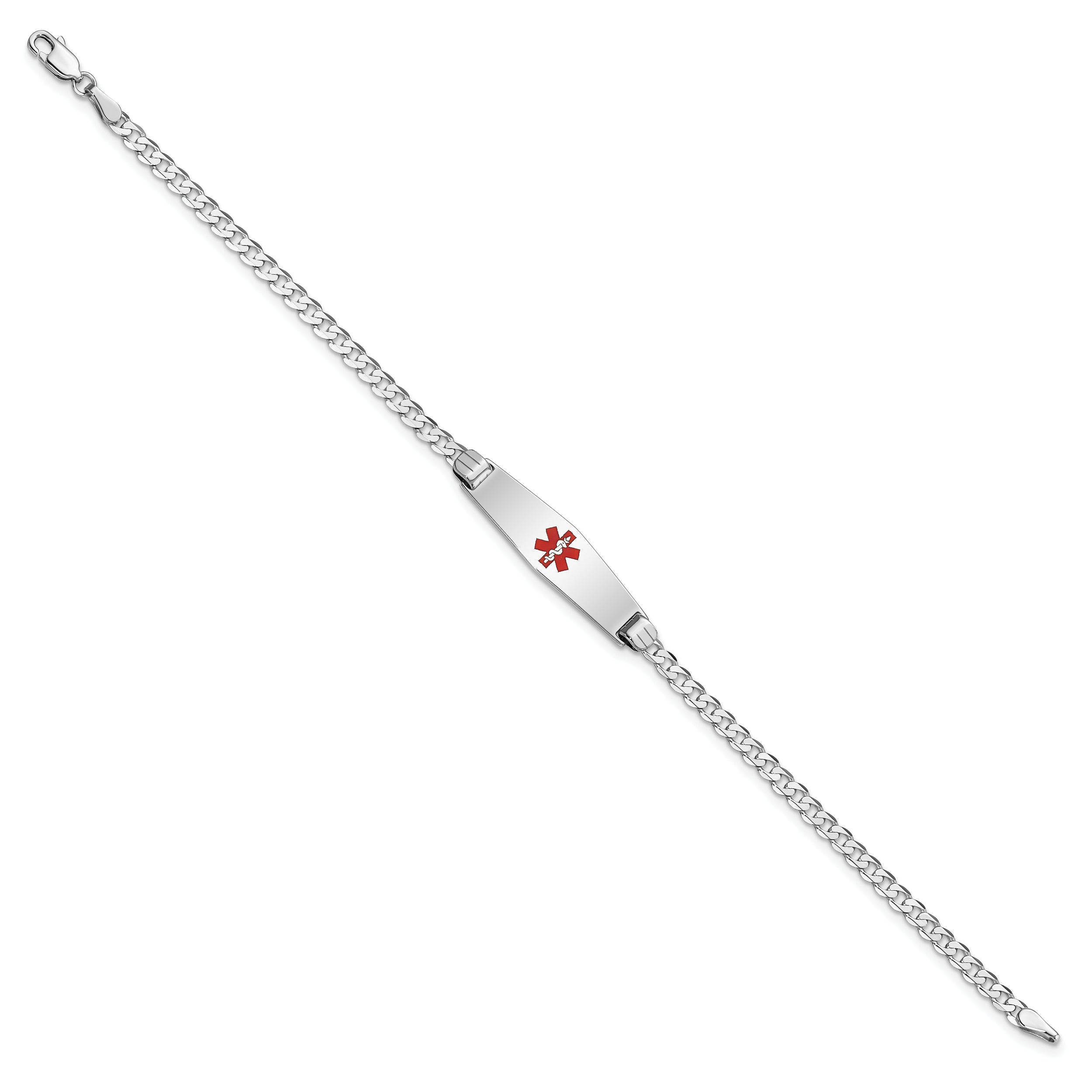14K White Gold Medical Solid Chain/Solid Plate 24x7mm Soft Diamond Shape Centered Red Enamel Flat Curb Link 8 inch ID Bracelet