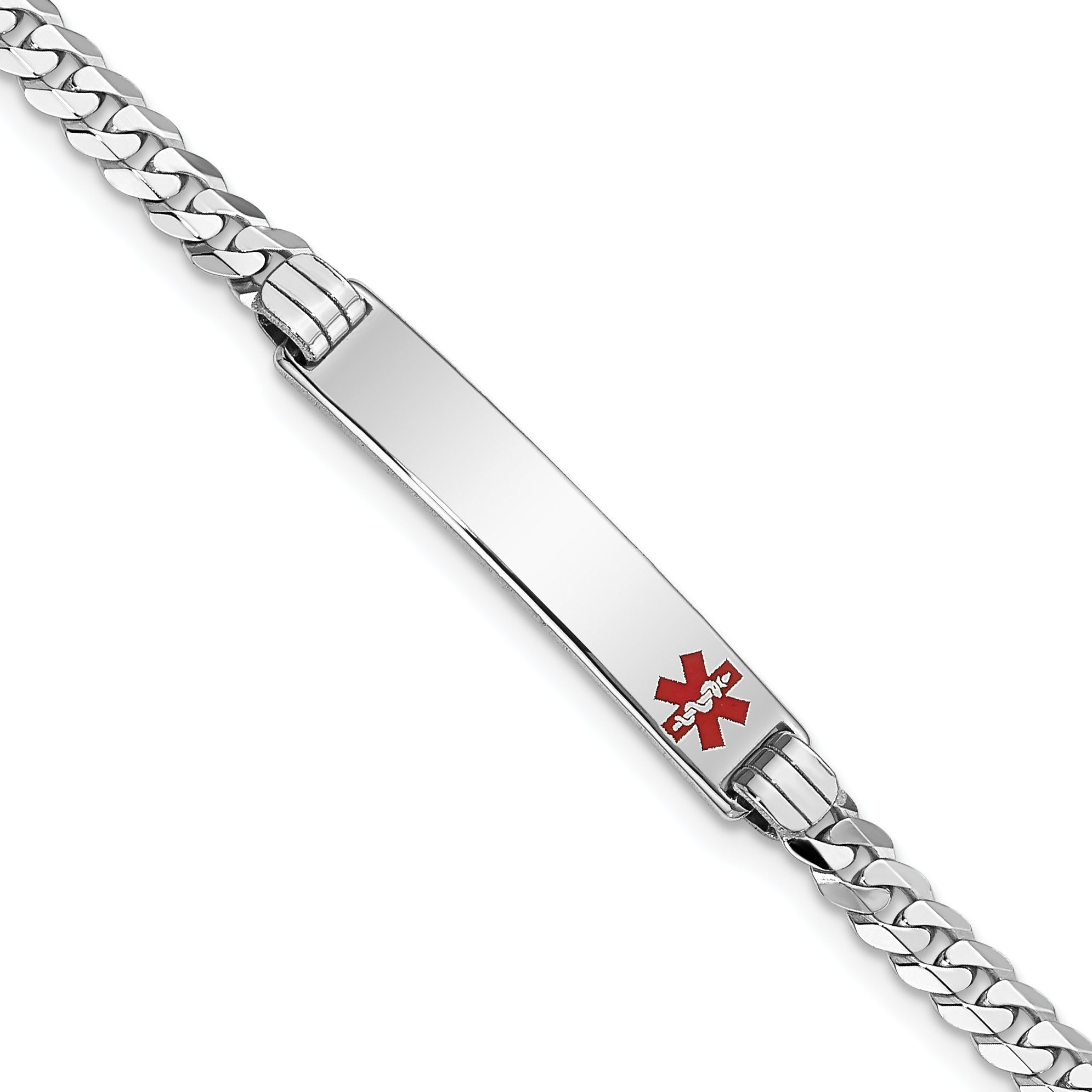 14K White Gold Medical Red Enamel Flat Curb Link Id Bracelet