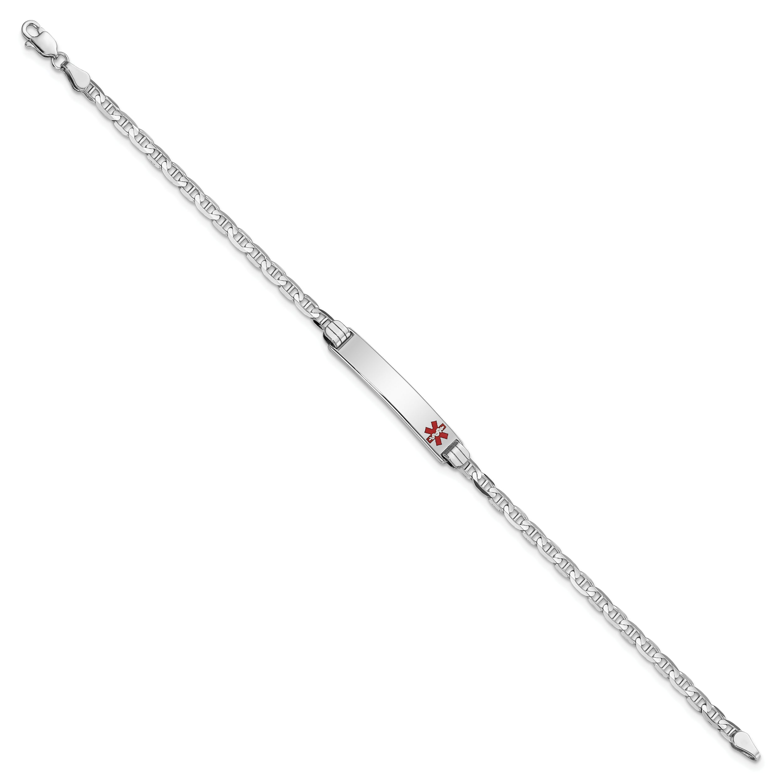 14K White Gold Medical Solid Chain/Solid Plate 26x5mm Off-Center Red Enamel Anchor Link 7 inch ID Bracelet