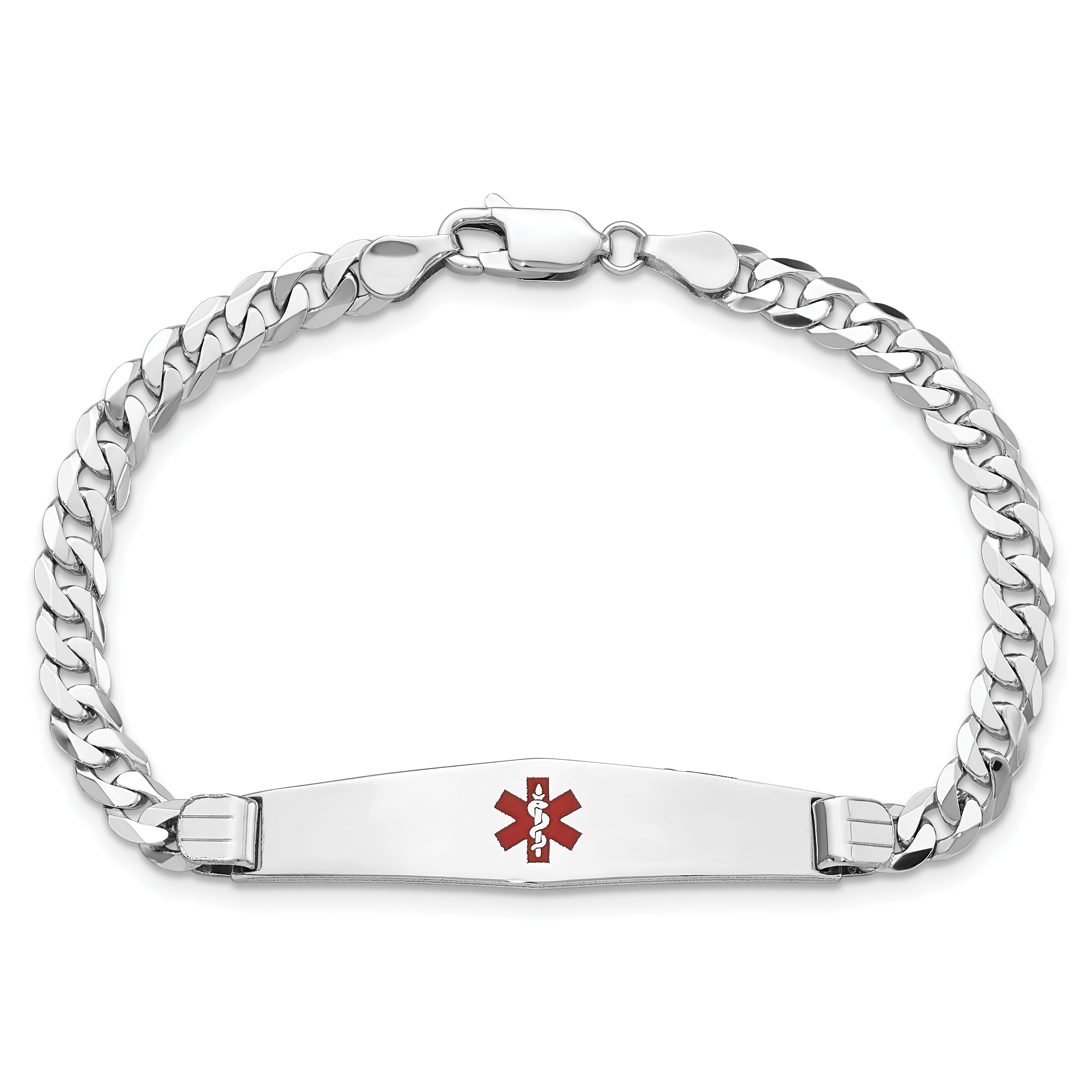 14K White Gold Medical Solid Chain/Solid Plate Soft Diamond Shape 36x9mm Centered Red Enamel Flat Curb Link 7 inch ID Bracelet