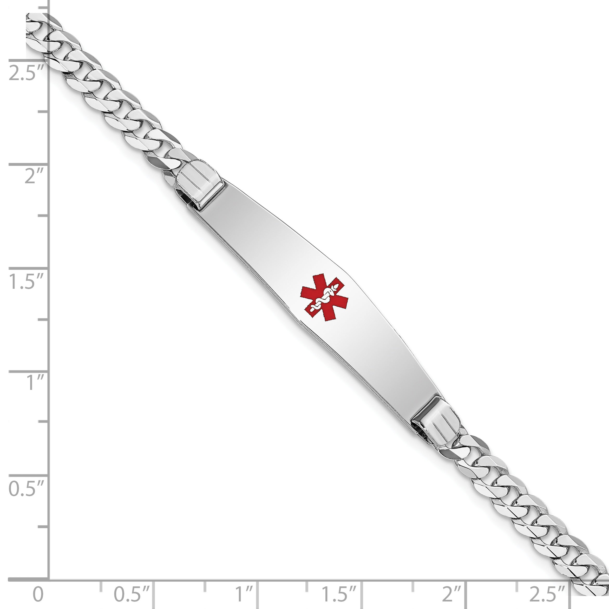 14K White Gold Medical Solid Chain/Solid Plate Soft Diamond Shape 36x9mm Centered Red Enamel Flat Curb Link 7 inch ID Bracelet