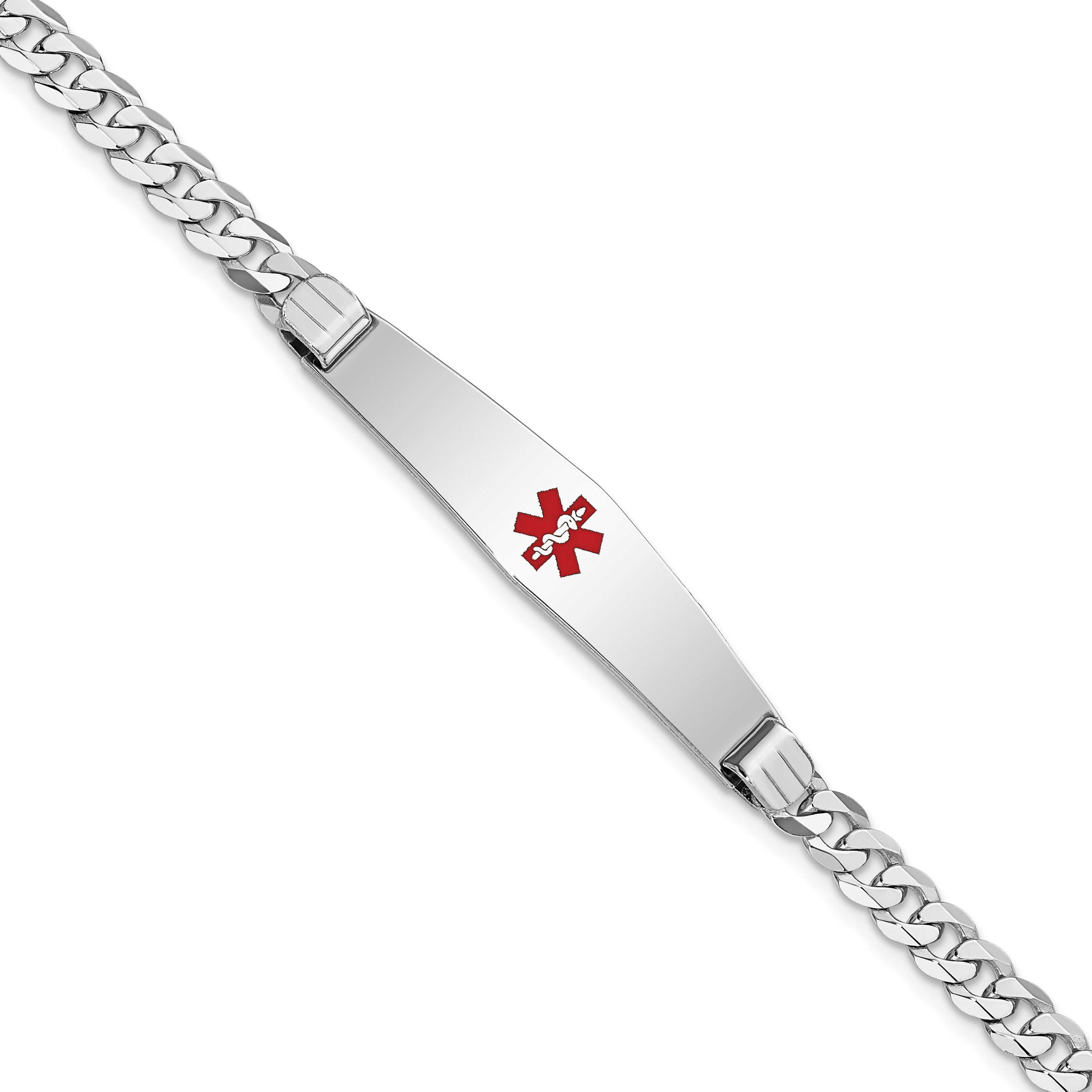 14K White Gold Medical Solid Chain/Solid Plate Soft Diamond Shape 36x9mm Centered Red Enamel Flat Curb Link 7 inch ID Bracelet