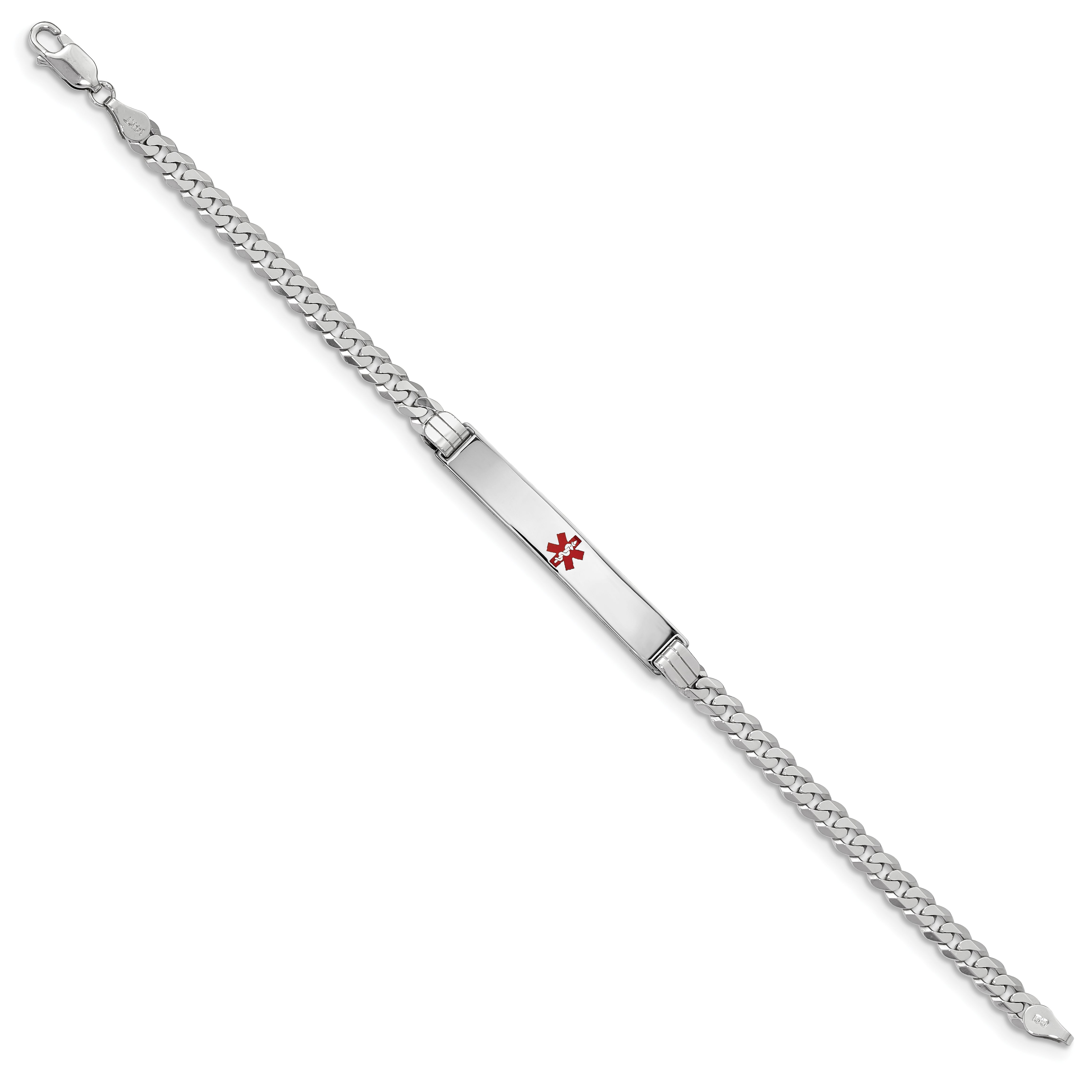 14K White Gold Medical Solid Chain/Solid Plate 37x6mm Centered Red Enamel Flat Curb Link 7 inch ID Bracelet