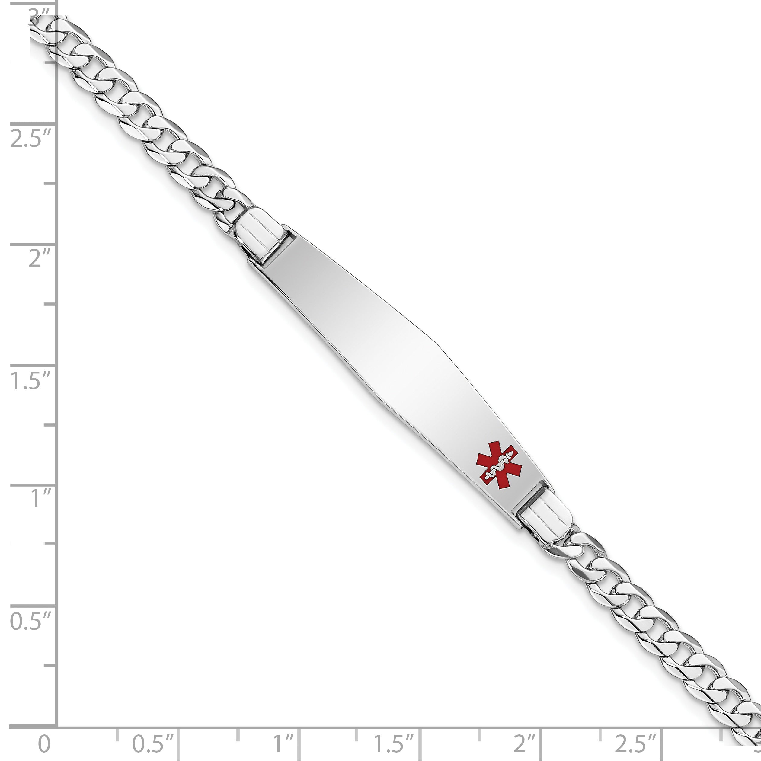 14K White Gold Medical Solid Chain/Solid Plate Soft Diamond Shape 37x9mm Off-Center Red Enamel Flat Curb Link 8 inch ID Bracelet