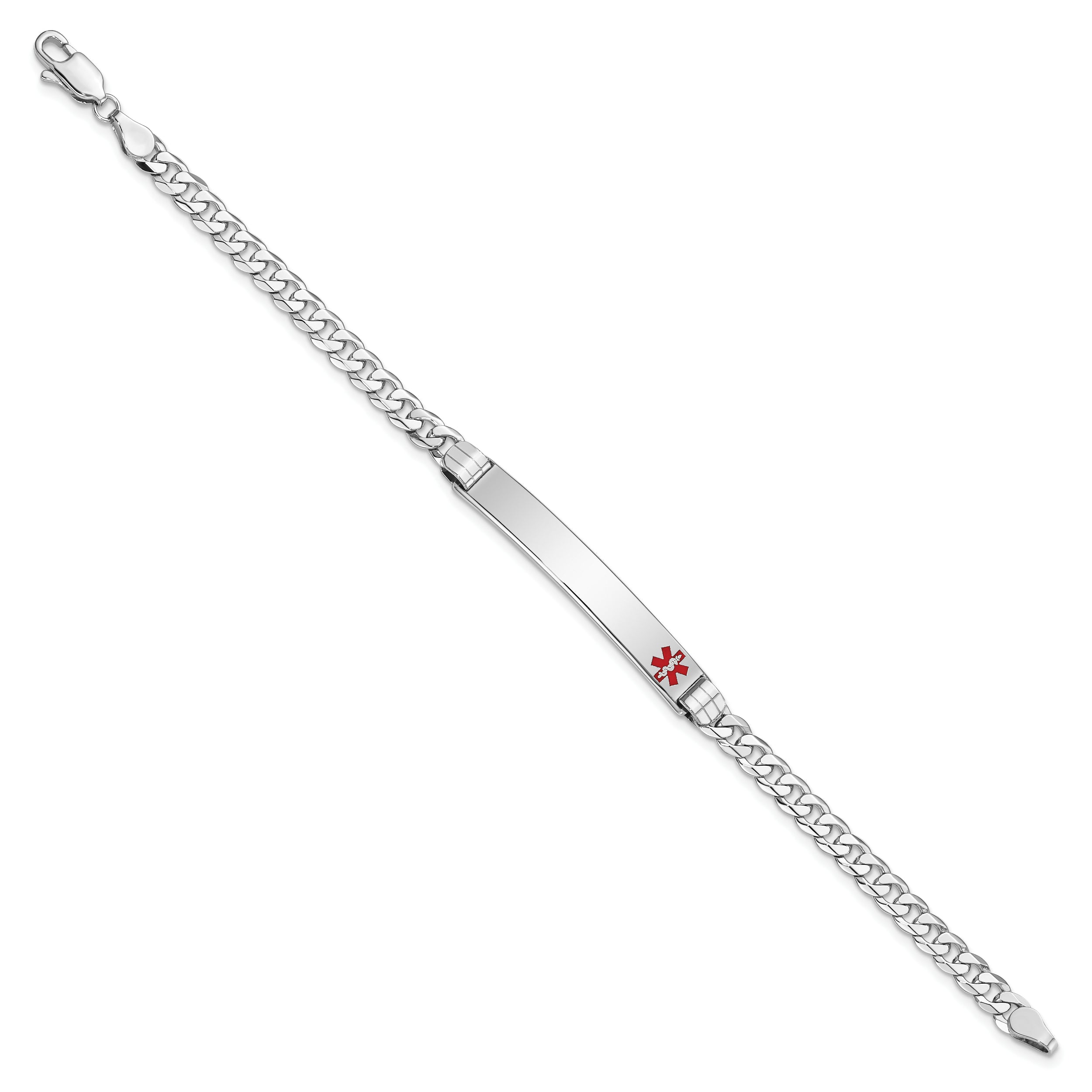 14K White Gold Medical Red Enamel Flat Curb Link Id Bracelet