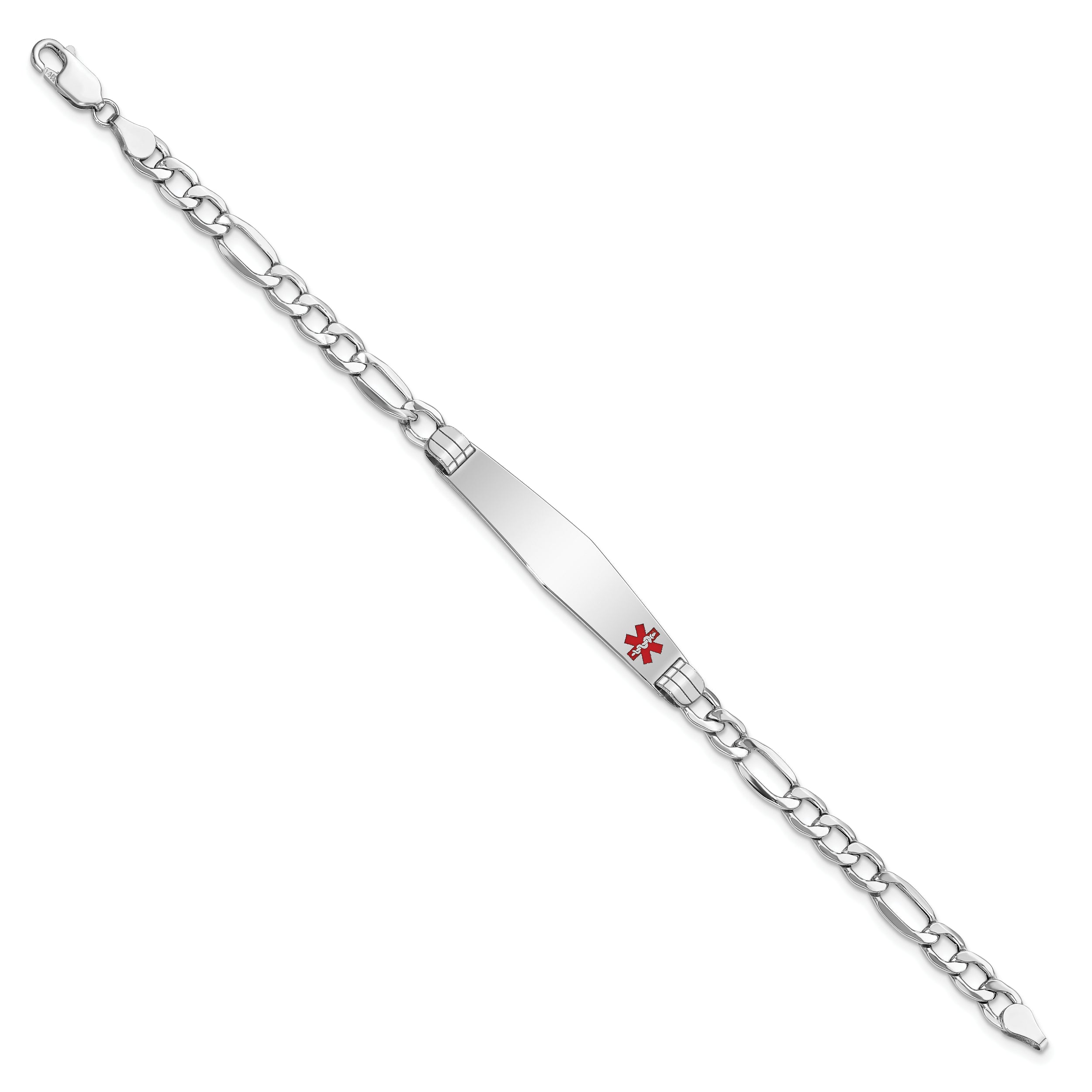 14K White Gold Medical Semi-Solid Chain/Solid Plate Soft Diamond Shape 37x9mm Off-Center Red Enamel Figaro Link 8 inch ID Bracelet