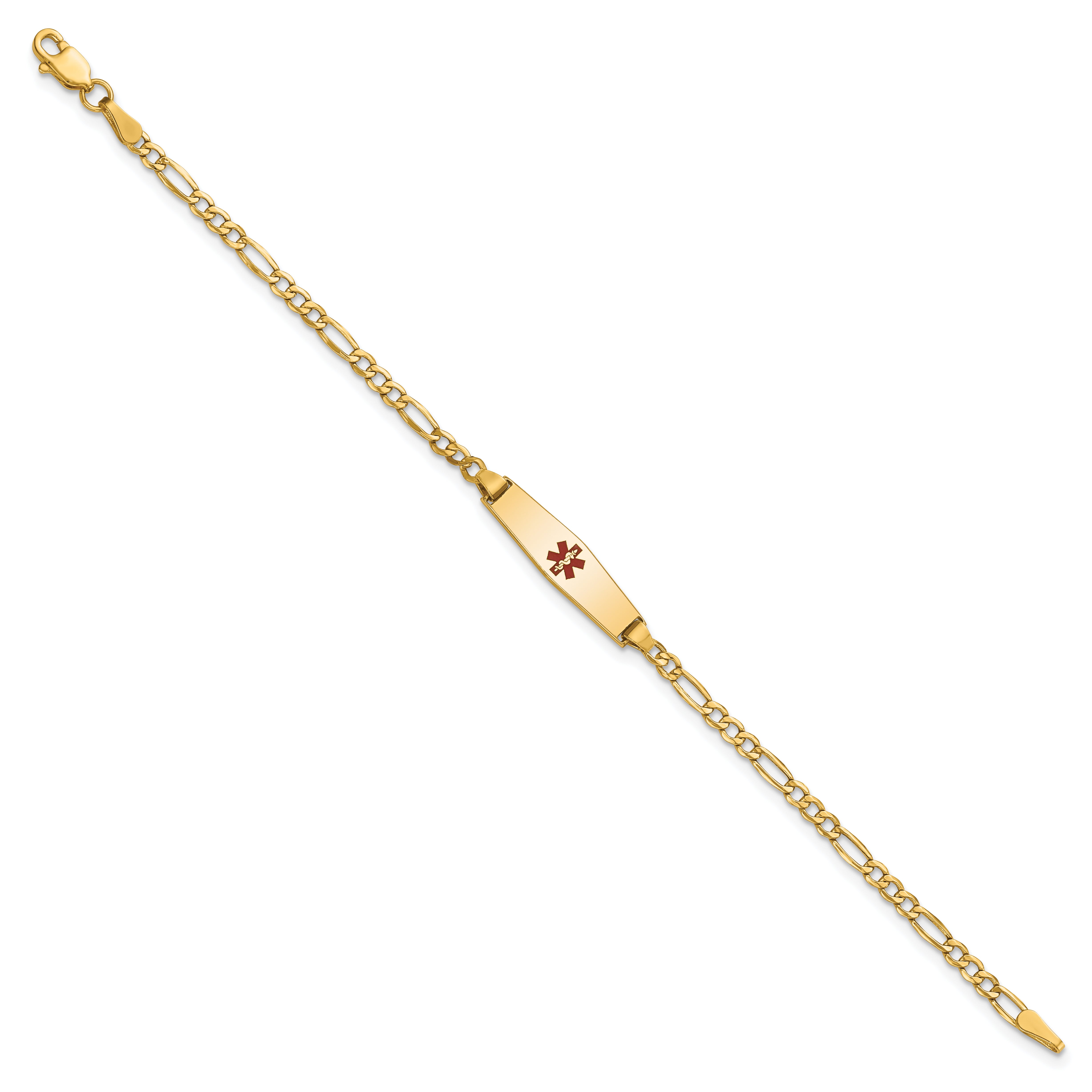 14K Medical Semi-Solid Soft Diamond Shape Red Enamel Figaro Id Bracelet