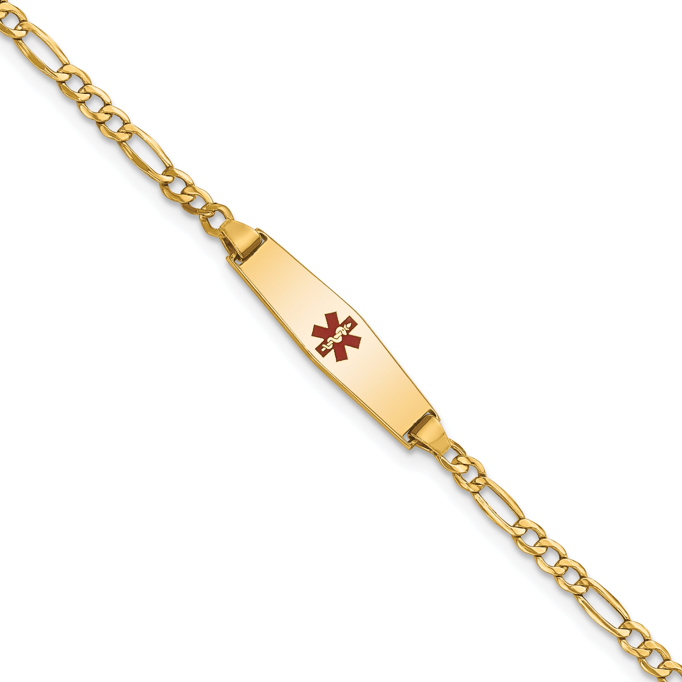 14K Medical Semi-Solid Soft Diamond Shape Red Enamel Figaro Id Bracelet