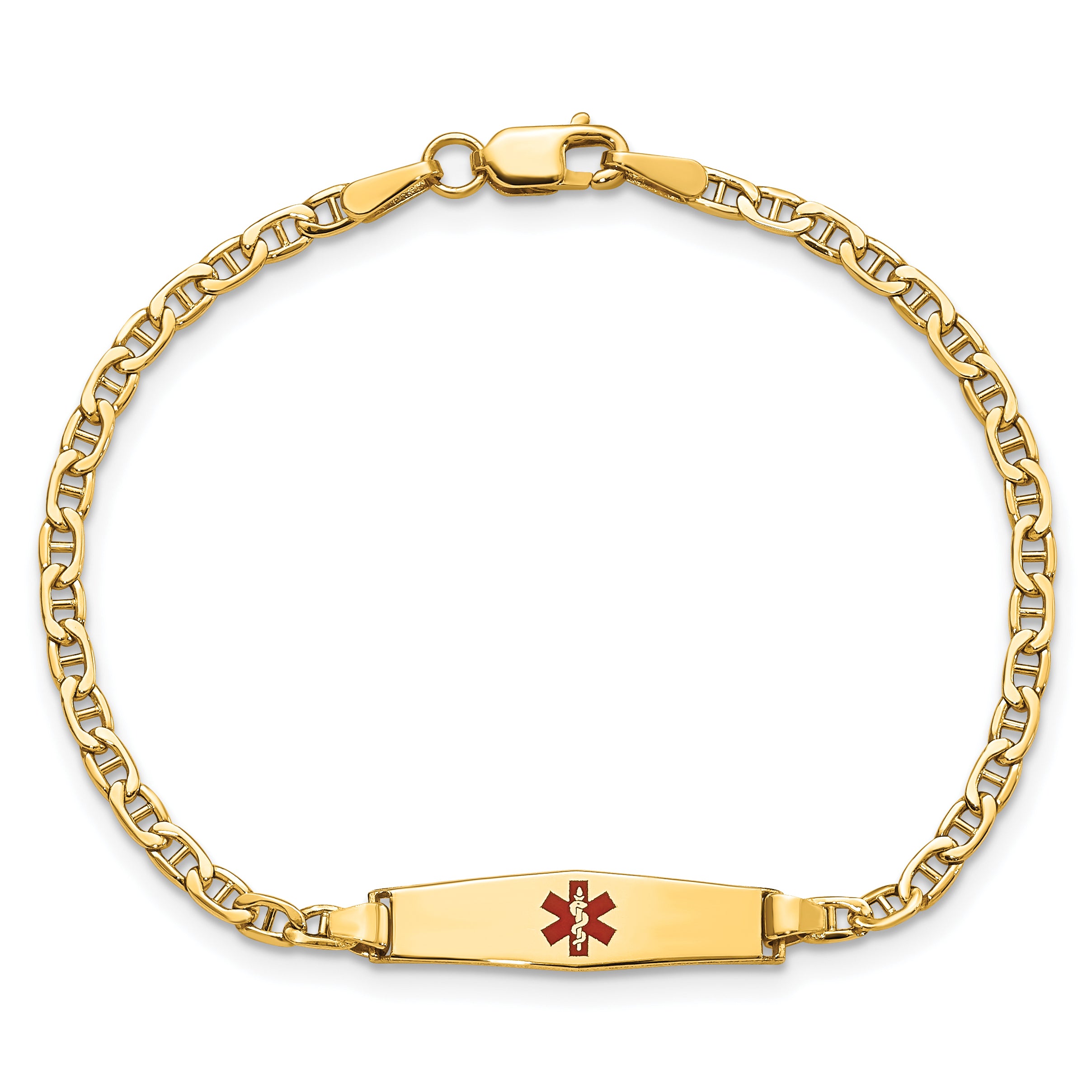 14k Medical Semi-Solid Chain/Solid Plate 20x5mm Soft Diamond Shape Centered Red Enamel Anchor Link 7 inch ID Bracelet