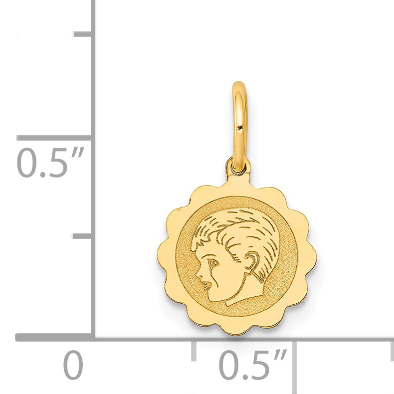 14k Boy Head on .009 Gauge Engravable Scalloped Disc Charm