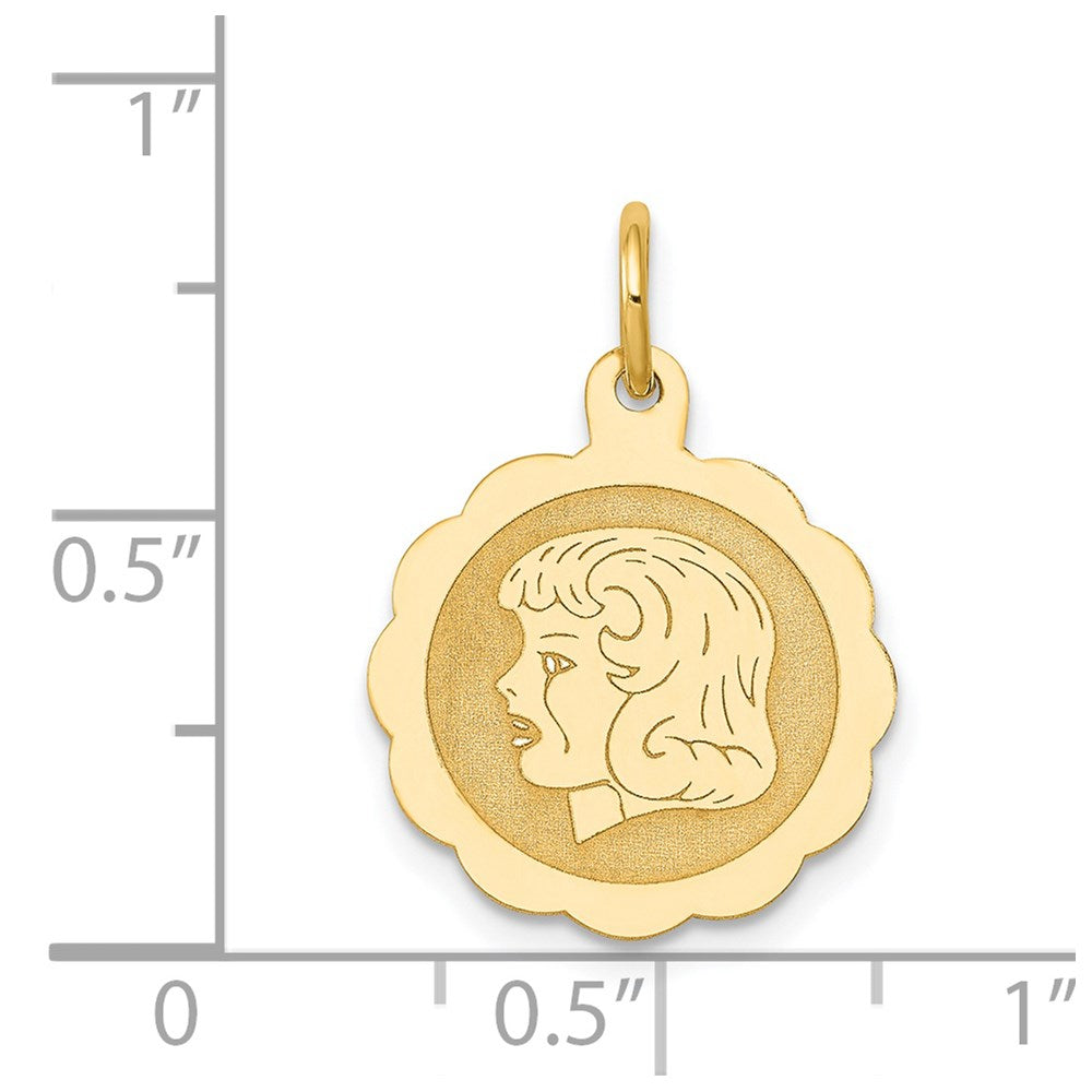 14k Girl Head on .013 Gauge Engravable Scalloped Disc Charm