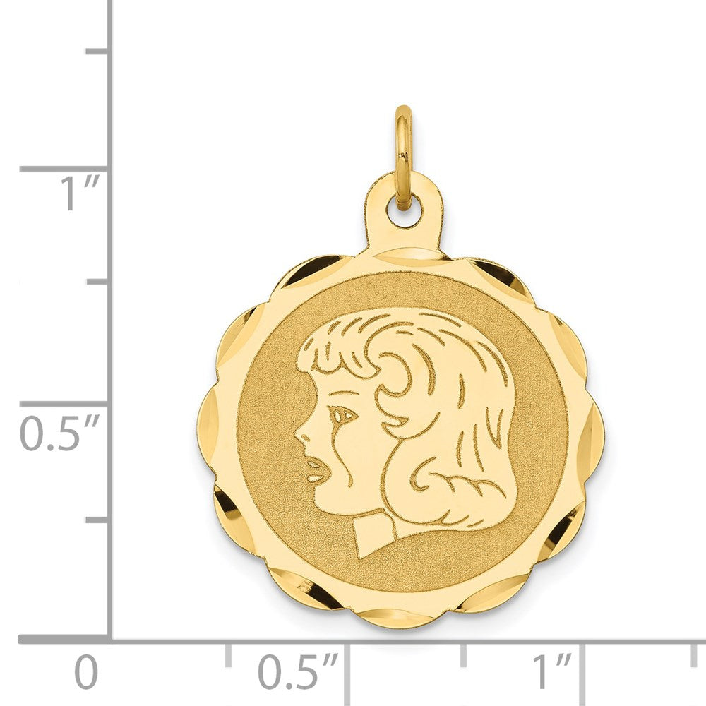 14k Girl Head on .011 Gauge Engravable Scalloped Disc Charm