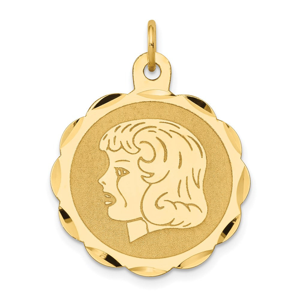 14k Girl Head on .011 Gauge Engravable Scalloped Disc Charm