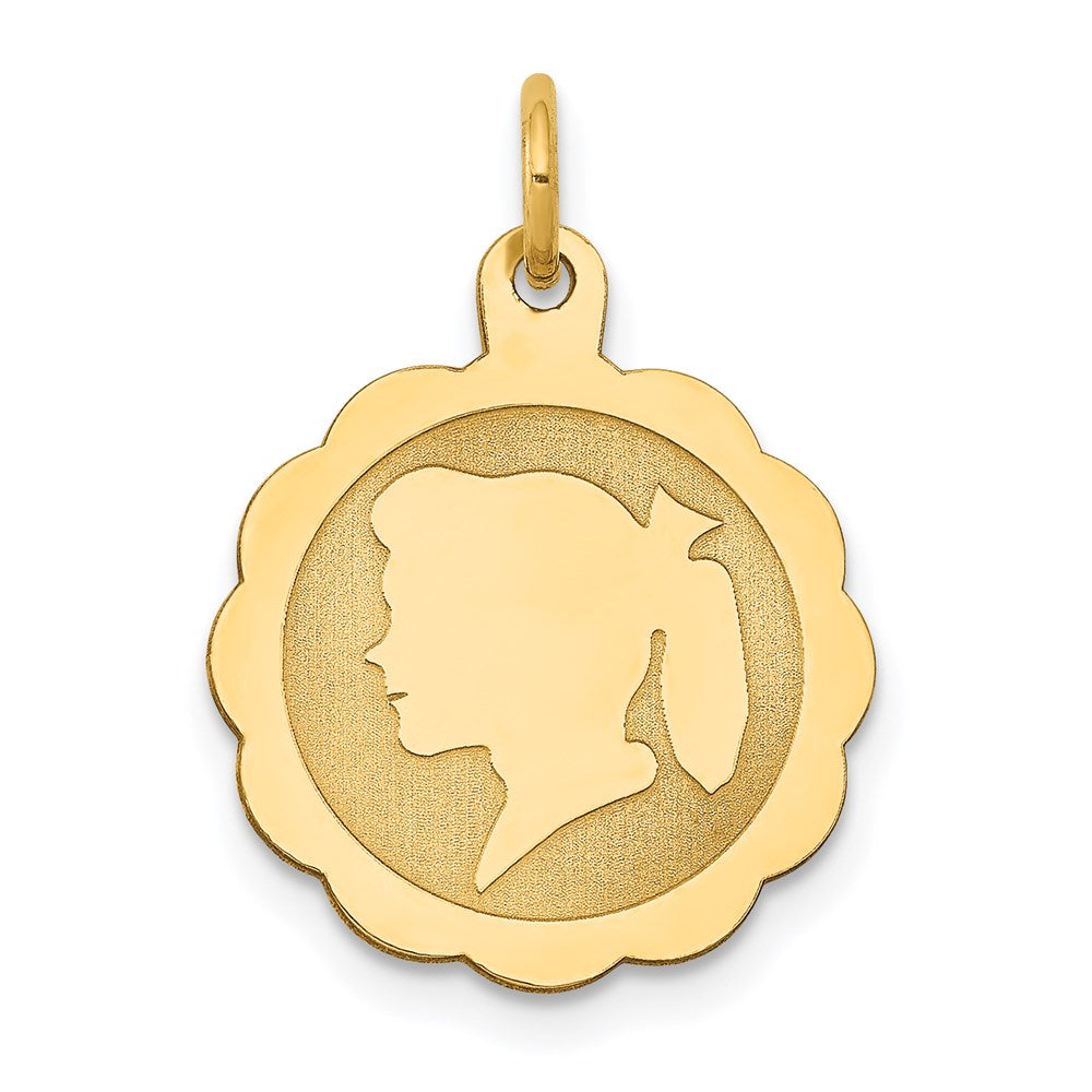14k Girl Head on .018 Gauge Engravable Scalloped Disc Charm