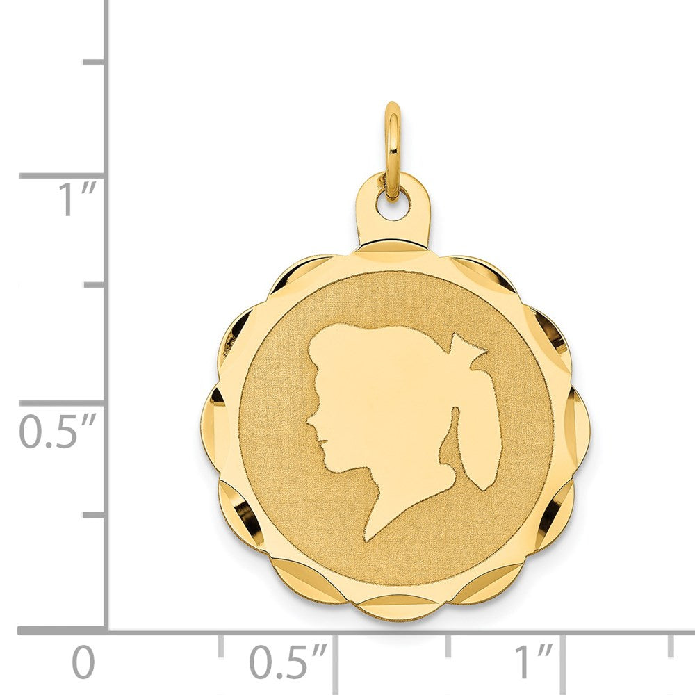 14k Girl Head on .011 Gauge Engravable Scalloped Disc Charm