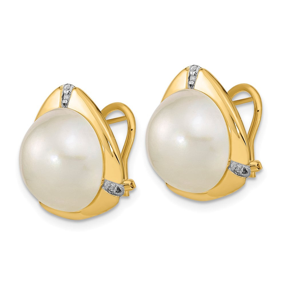 14k 12-13mm White Saltwater Mabe Pearl .06ct Diamond Omega Back Earrings