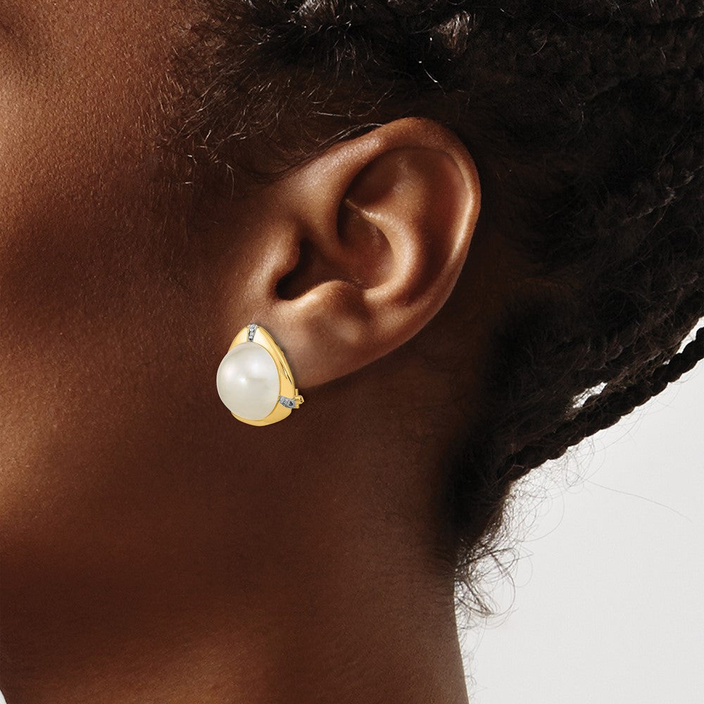 14k 12-13mm White Saltwater Mabe Pearl .06ct Diamond Omega Back Earrings