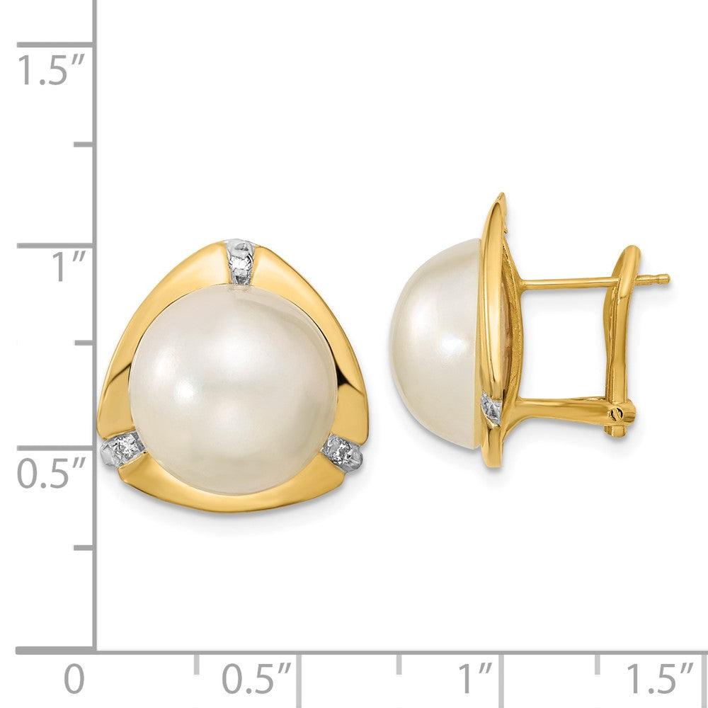 14k 12-13mm White Saltwater Mabe Pearl .06ct Diamond Omega Back Earrings