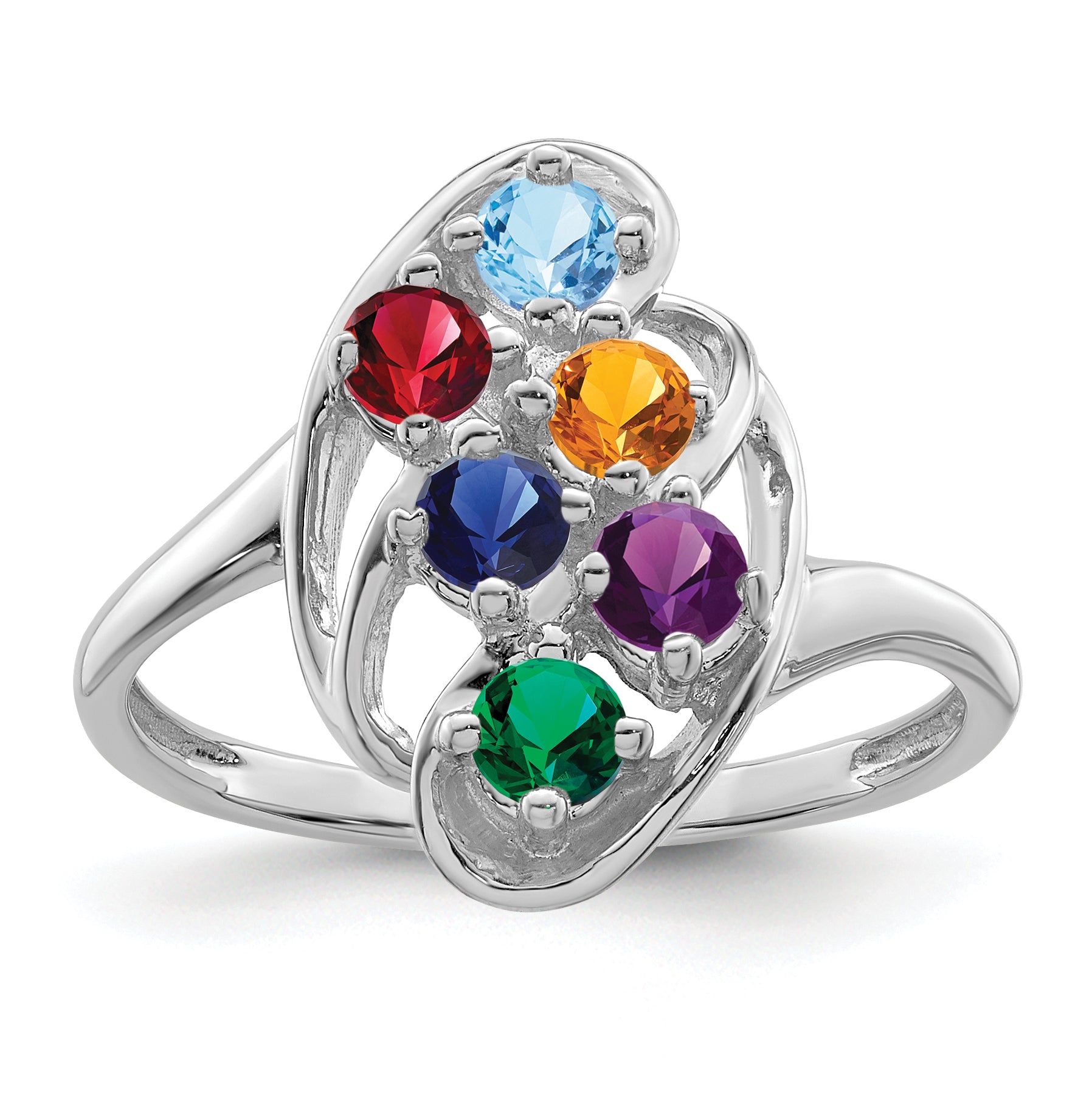 Sterling Silver Rhodium-plated Synthetic 6 Stone Mother's Ring