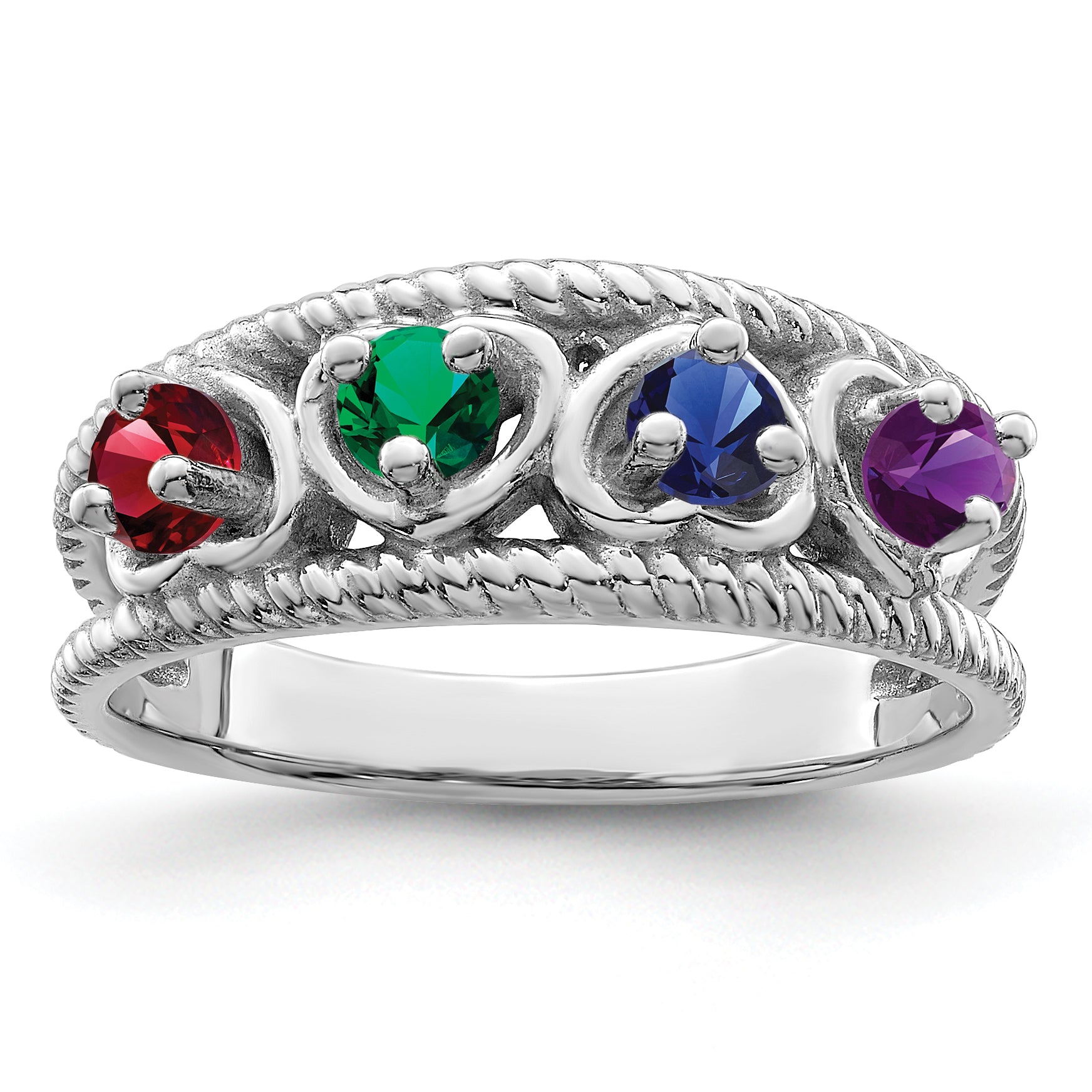 Sterling Silver Rhodium-plated Synthetic Family Jewelry Ring