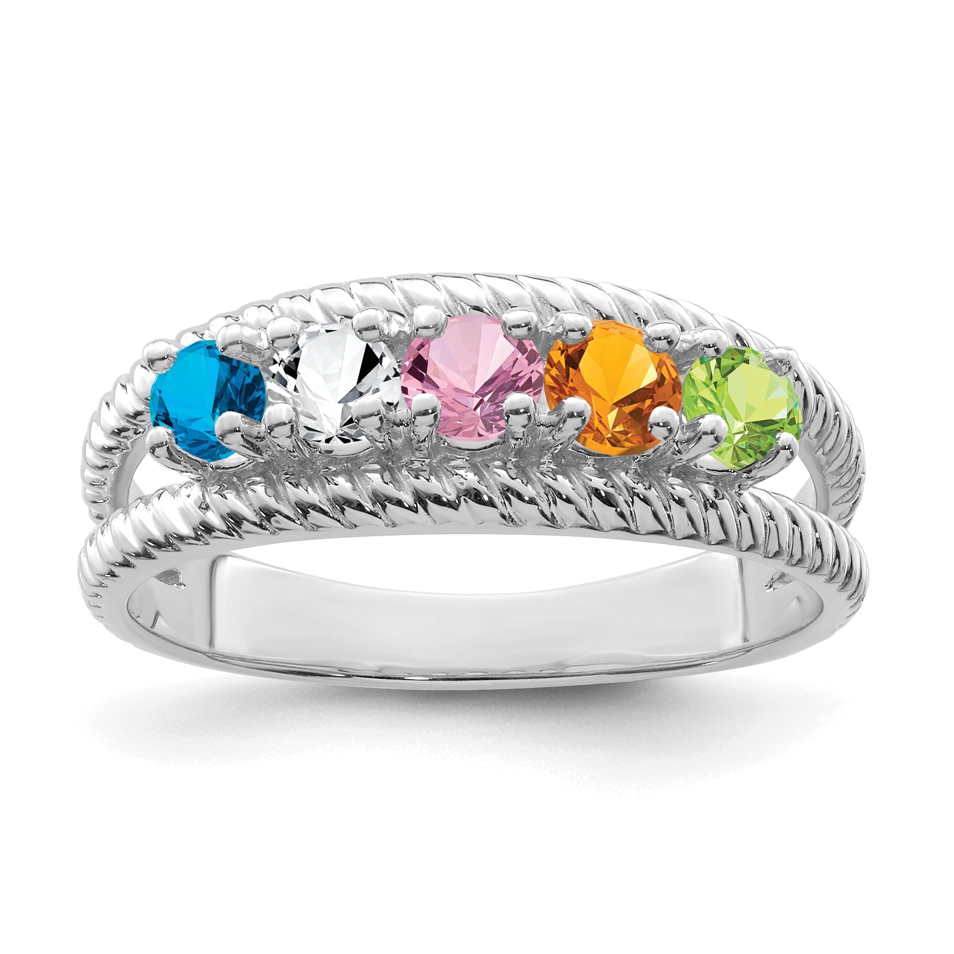 Sterling Silver Rhodium-plated Synthetic 5 Stone Mother's Ring