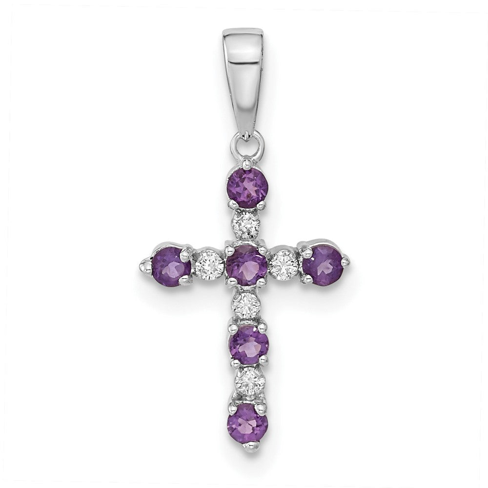 14K White Gold Amethyst And Diamond Cross Pendant