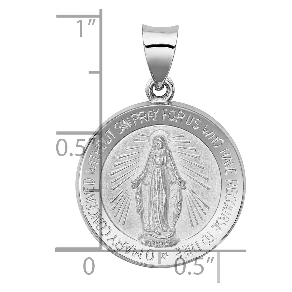 14k White Gold Polished /Satin Miraculous Medal Hollow Pendant