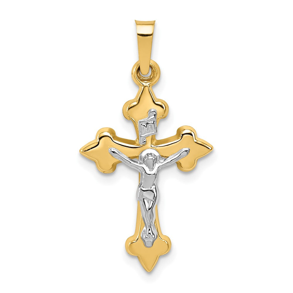 14k Two-tone Polished Fleur de Lis INRI Crucifix Pendant