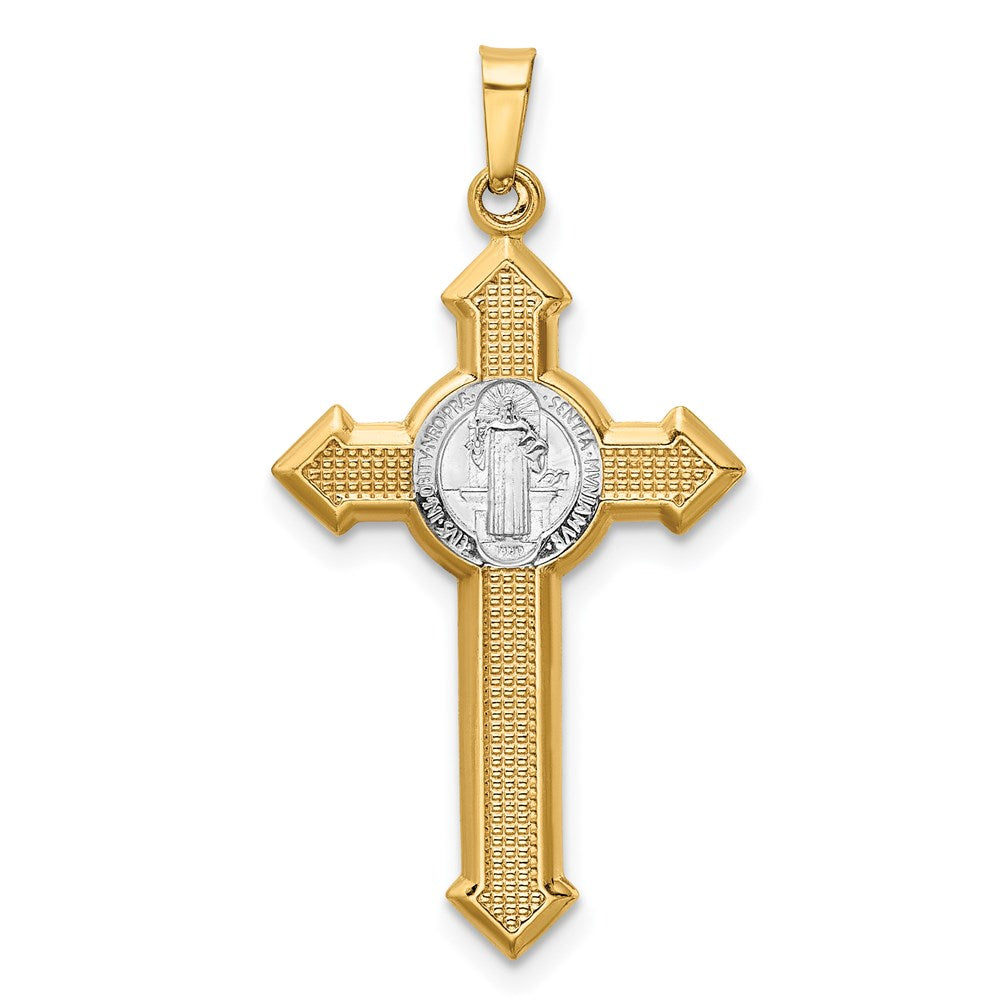 14k w/Rhodium St. Benedict Hollow Medal INRI Crucifix Pendant