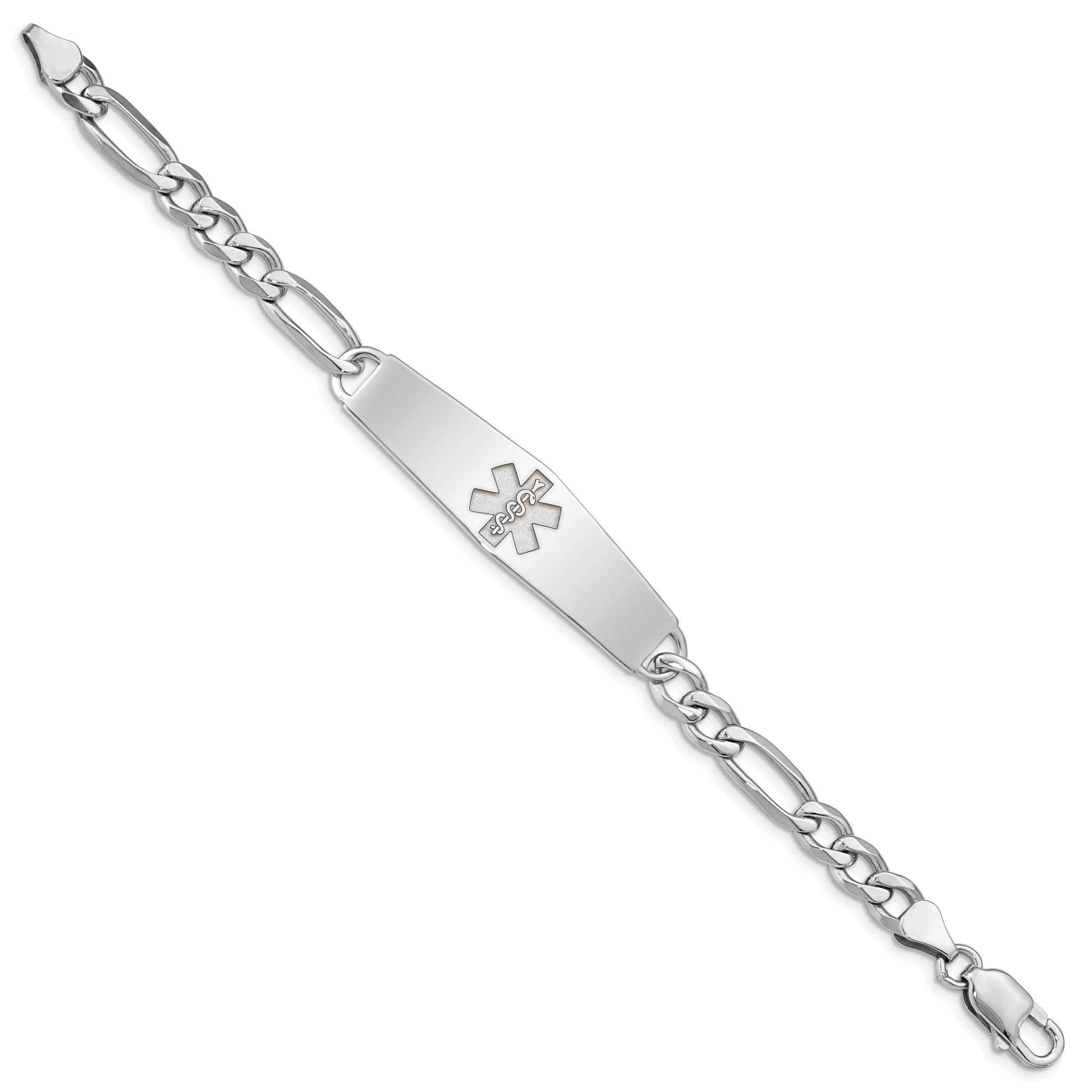 Sterling Silver Rhod-plt Non-enameled Medical ID Figaro Link Bracelet