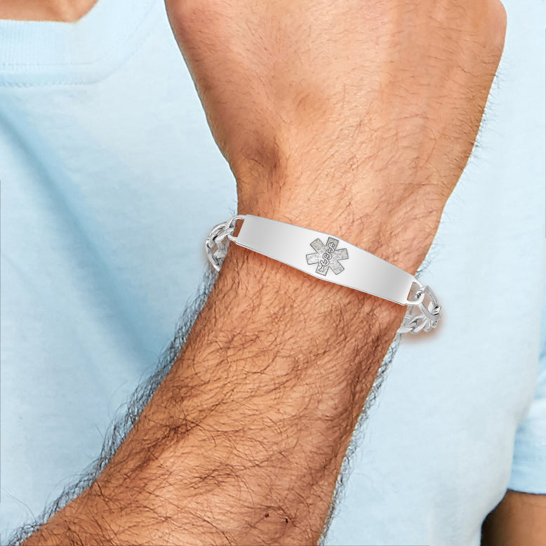 Sterling Silver Rhod-plt Non-enameled Medical ID Figaro Link Bracelet