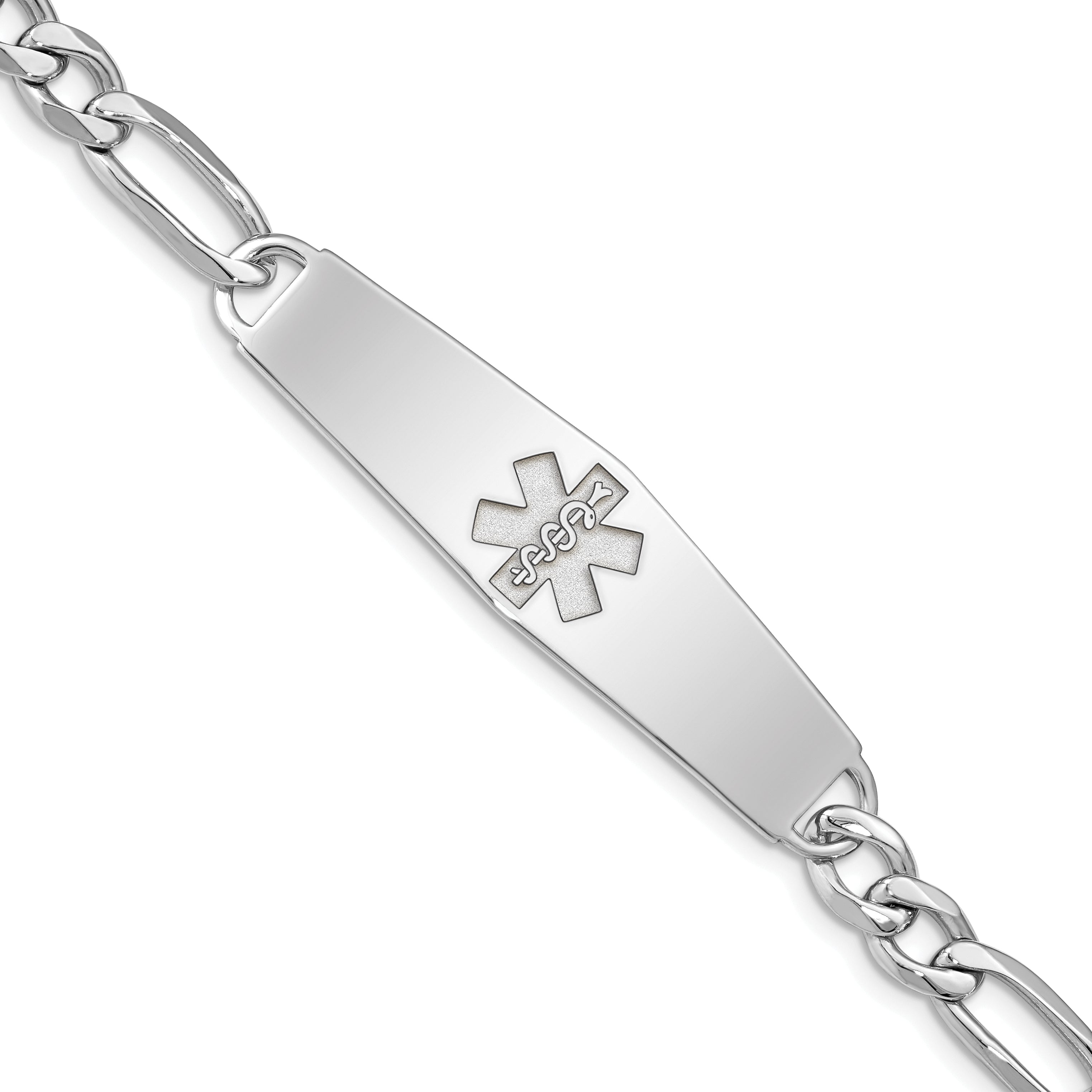 Sterling Silver Rhod-plt Non-enameled Medical ID Figaro Link Bracelet