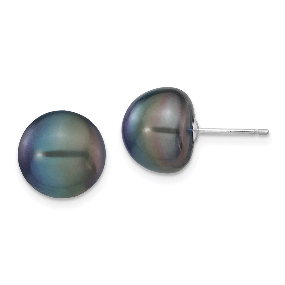 14k White Gold 10-11mm Black Button FW Cultured Pearl Stud Post Earrings