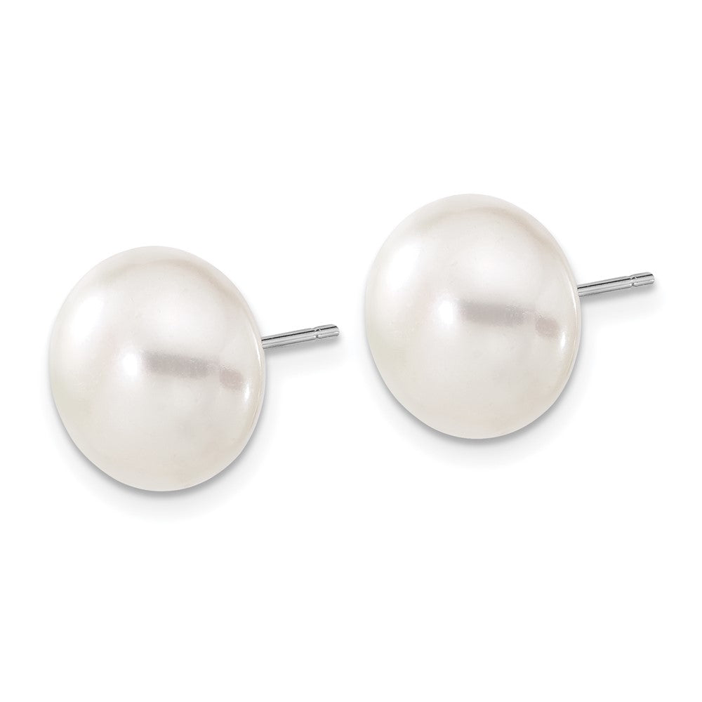 14k White Gold 11-12mm White Button FW Cultured Pearl Stud Post Earrings