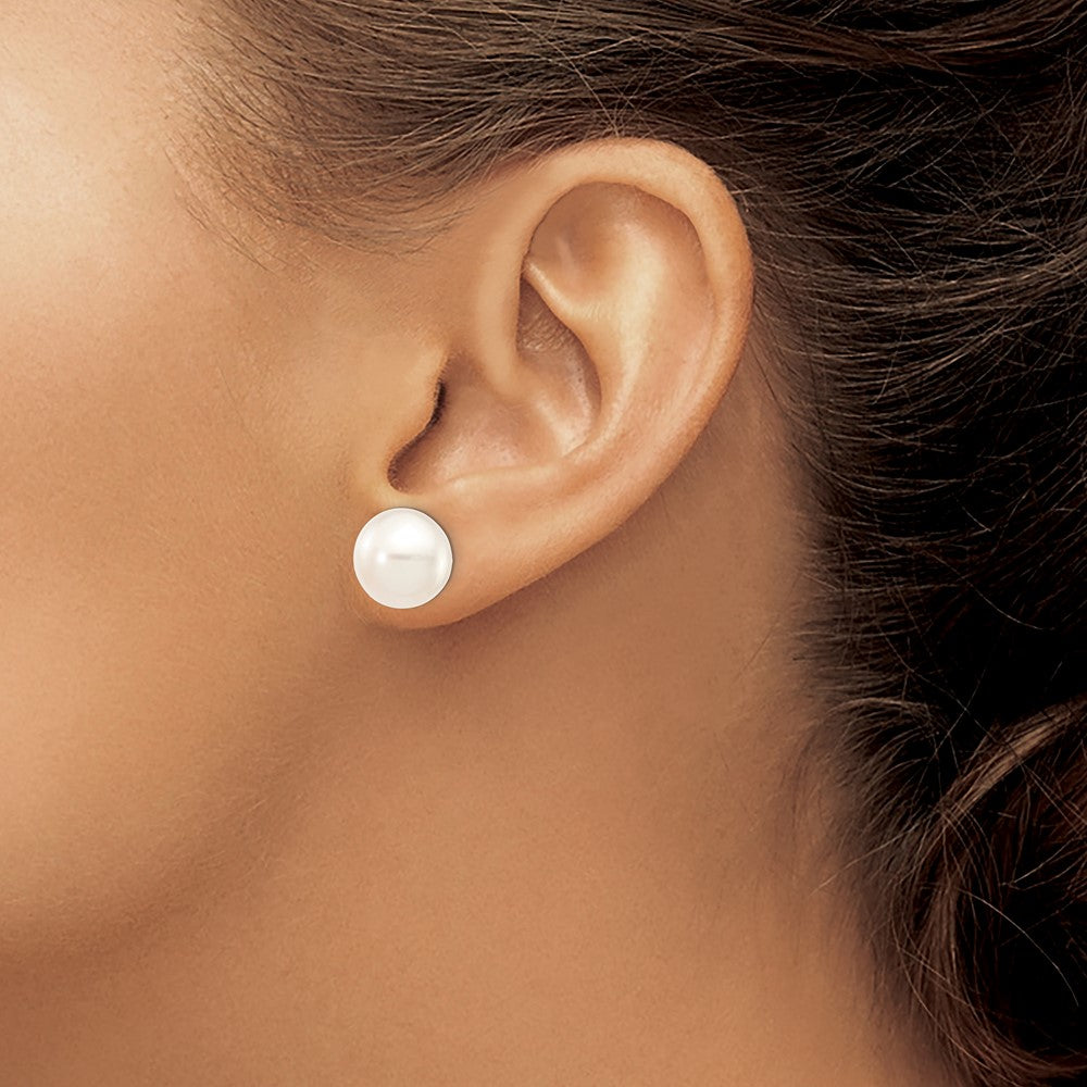 14k White Gold 11-12mm White Button FW Cultured Pearl Stud Post Earrings